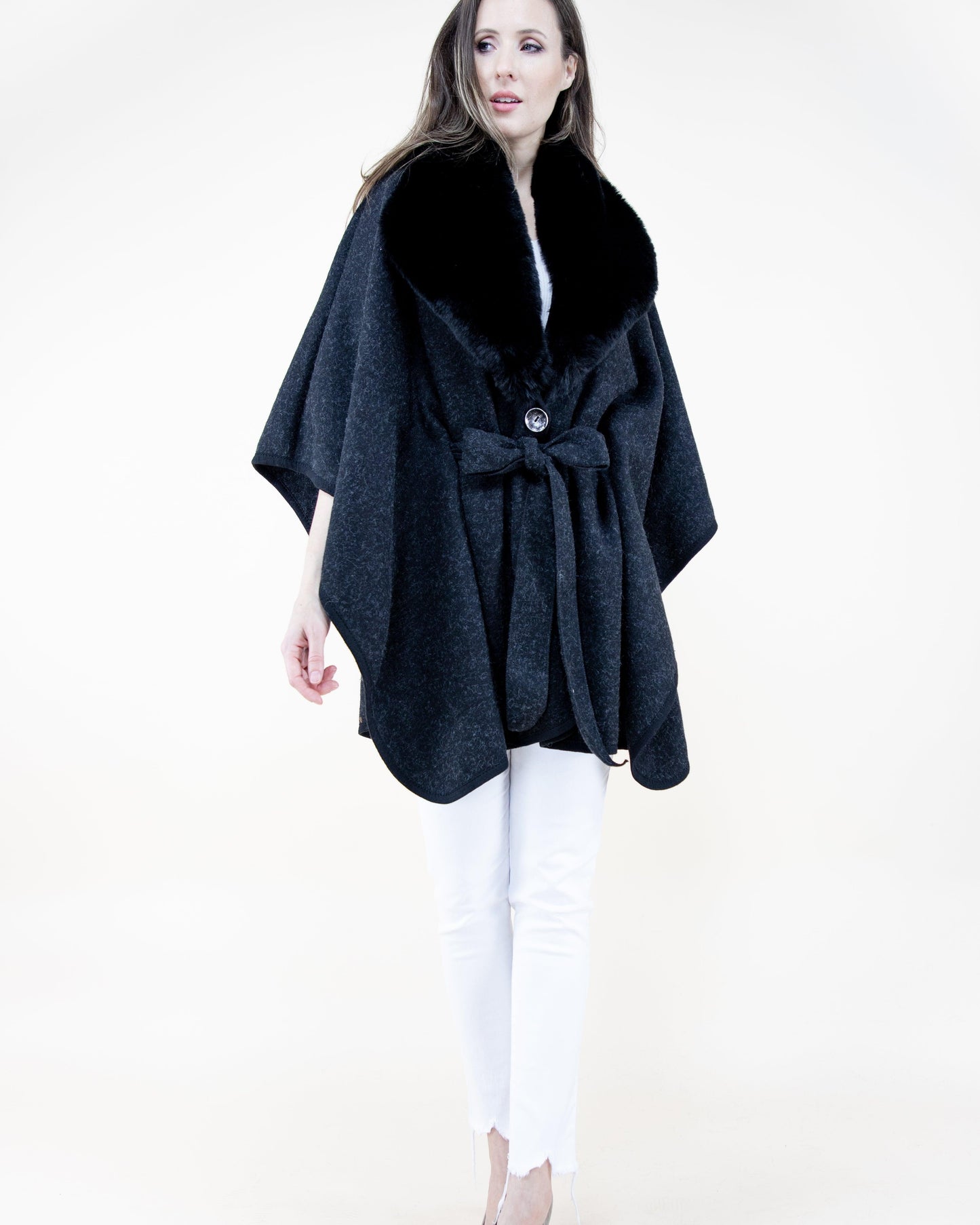 Puffy Faux Fur Shawl Coat w/ Belt