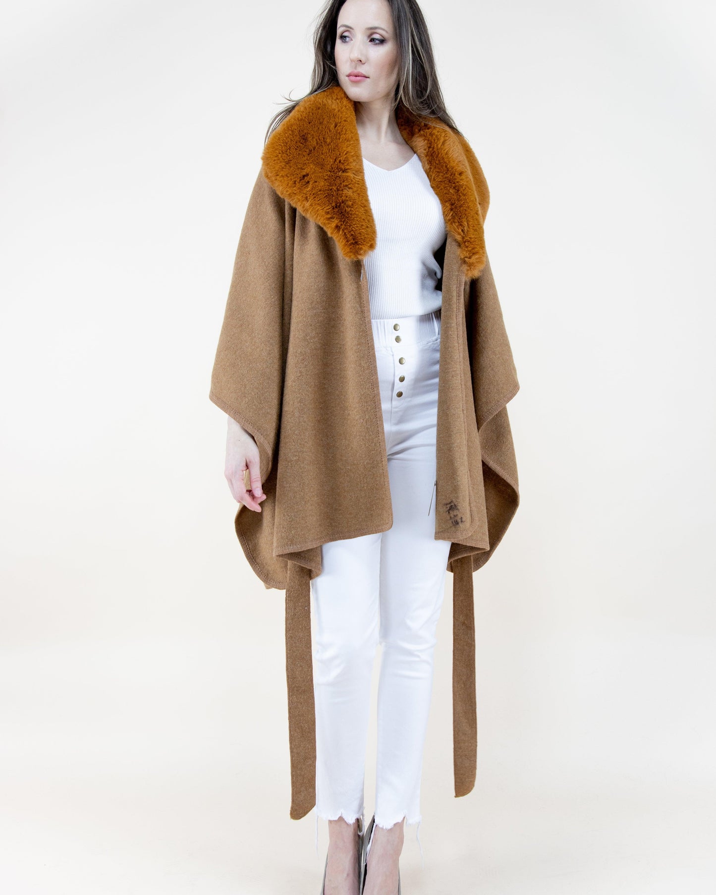 Puffy Faux Fur Shawl Coat w/ Belt
