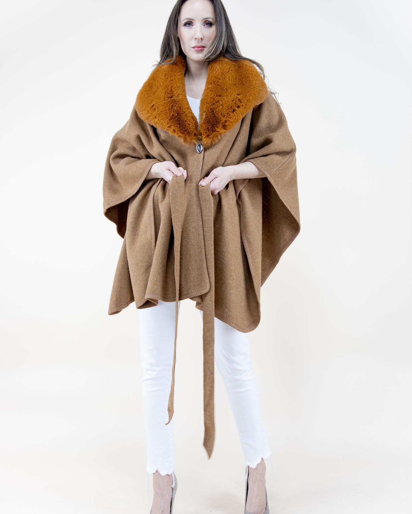 Puffy Faux Fur Shawl Coat w/ Belt