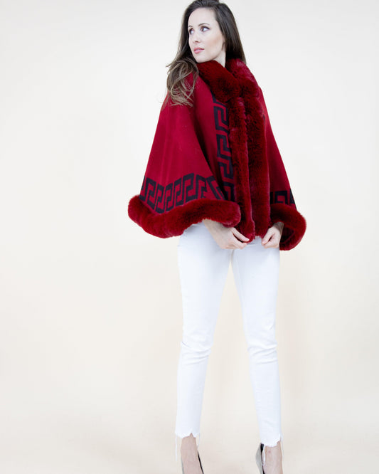 Greek Key Ruana w/ Faux Fur Trim