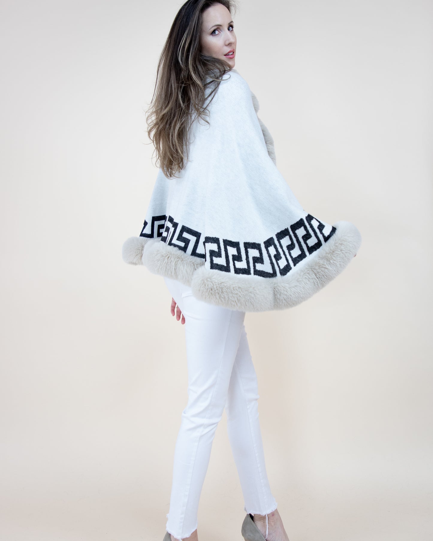 Greek Key Ruana w/ Faux Fur Trim