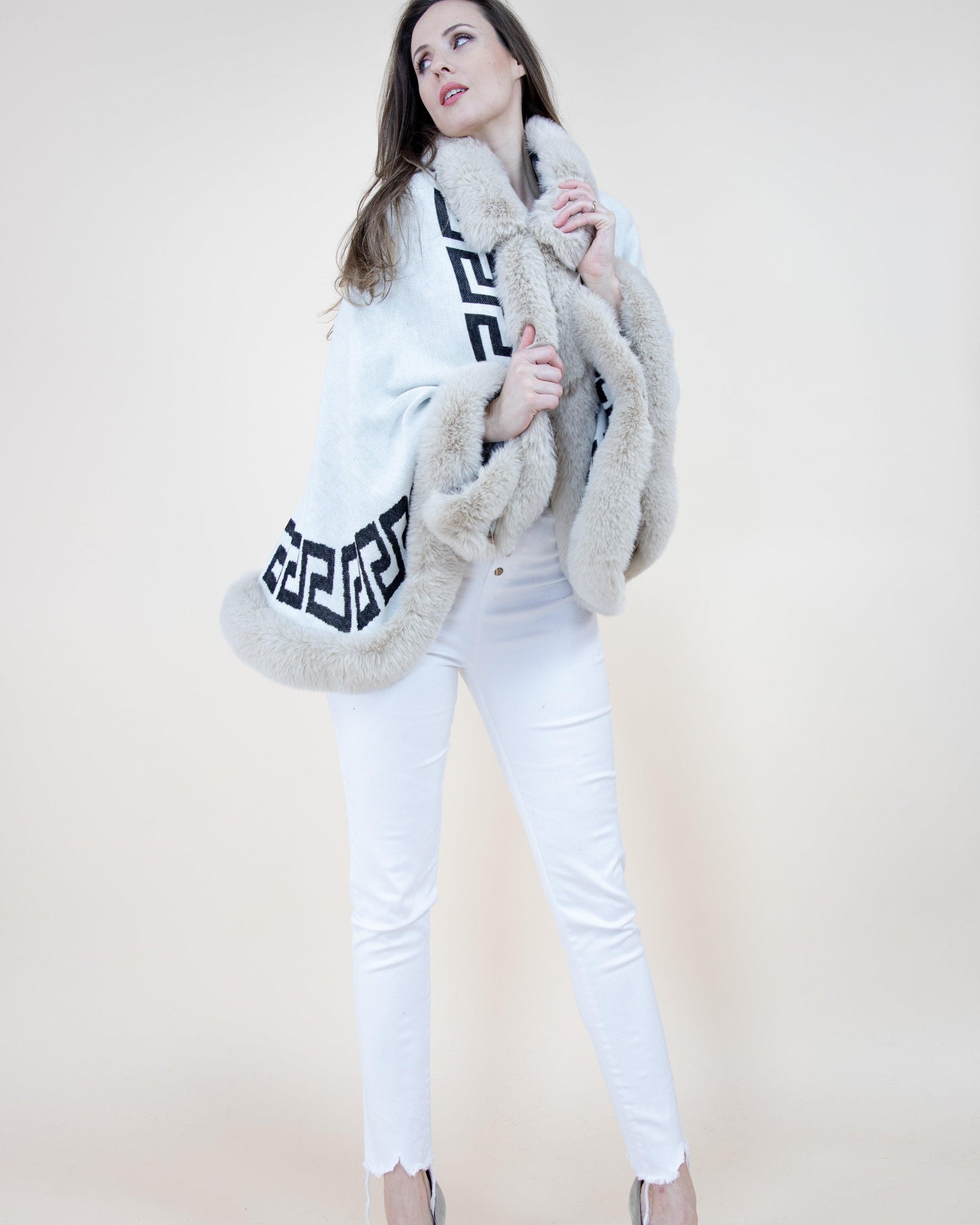 Greek Key Ruana w/ Faux Fur Trim