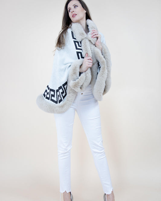 Greek Key Ruana w/ Faux Fur Trim