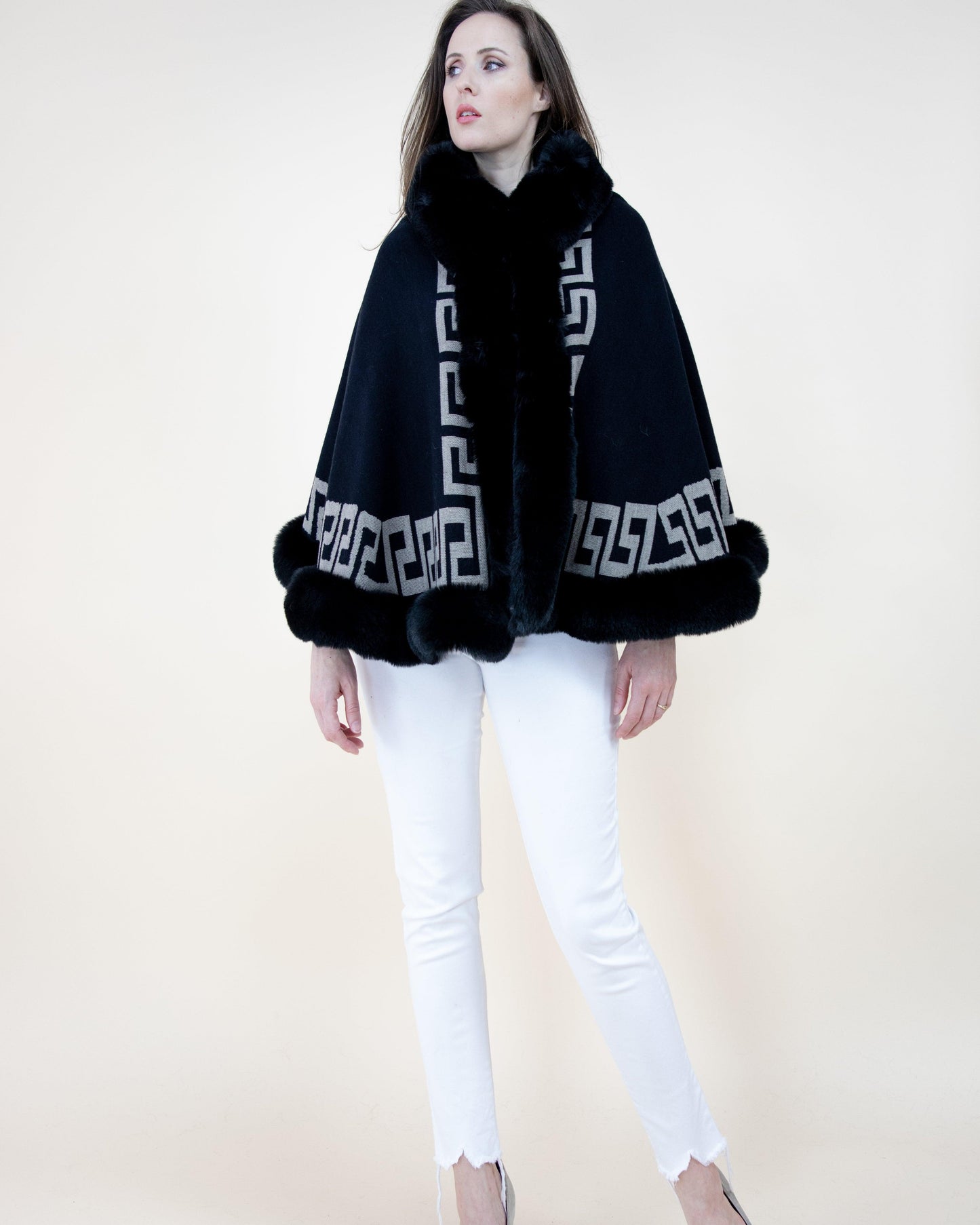 Greek Key Ruana w/ Faux Fur Trim