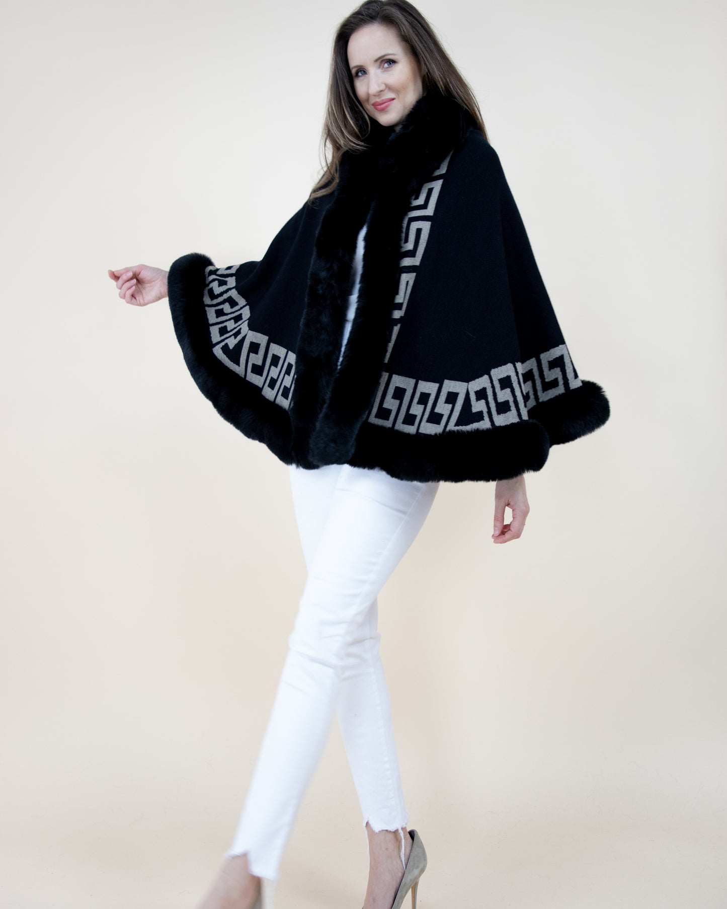 Greek Key Ruana w/ Faux Fur Trim