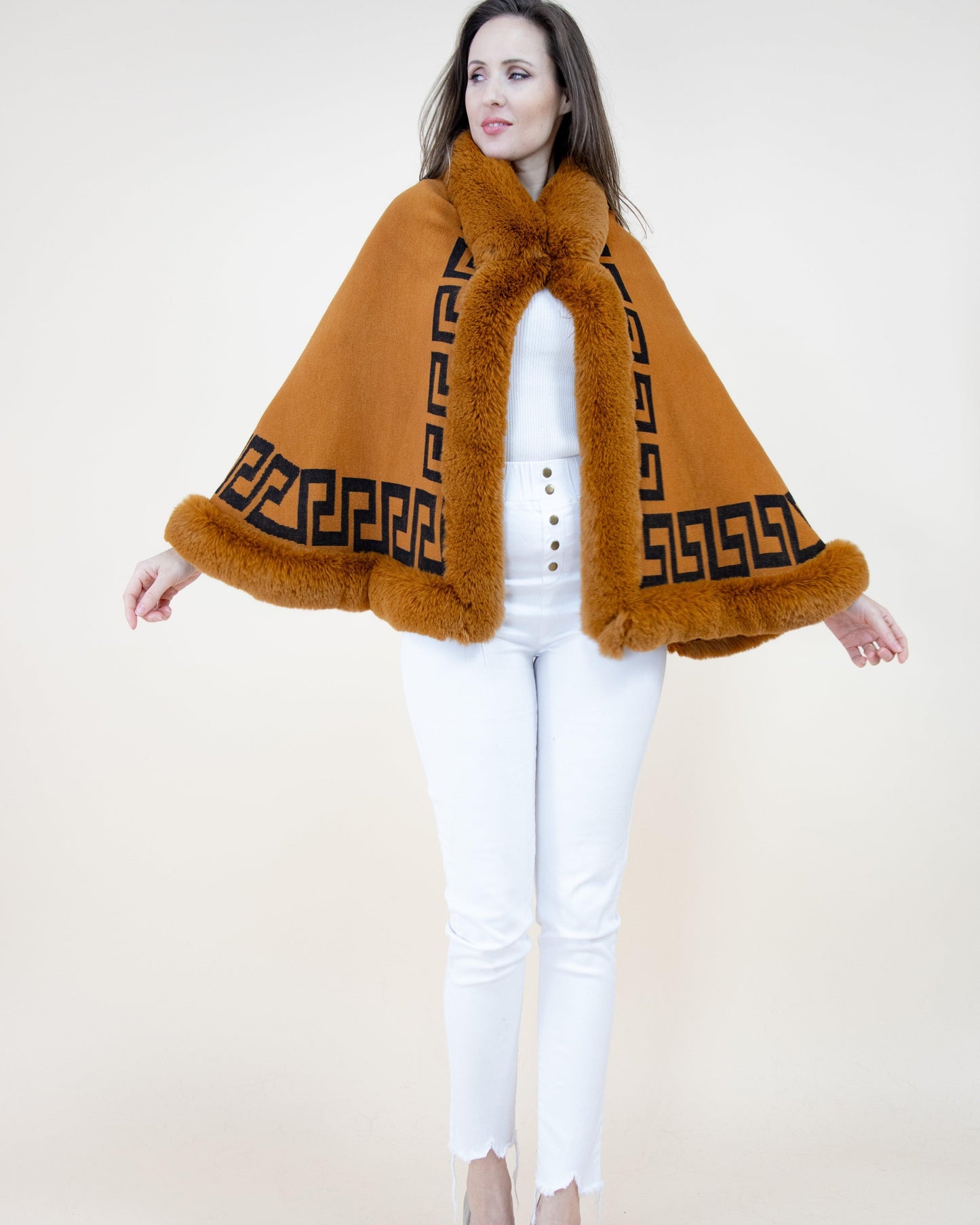 Greek Key Ruana w/ Faux Fur Trim