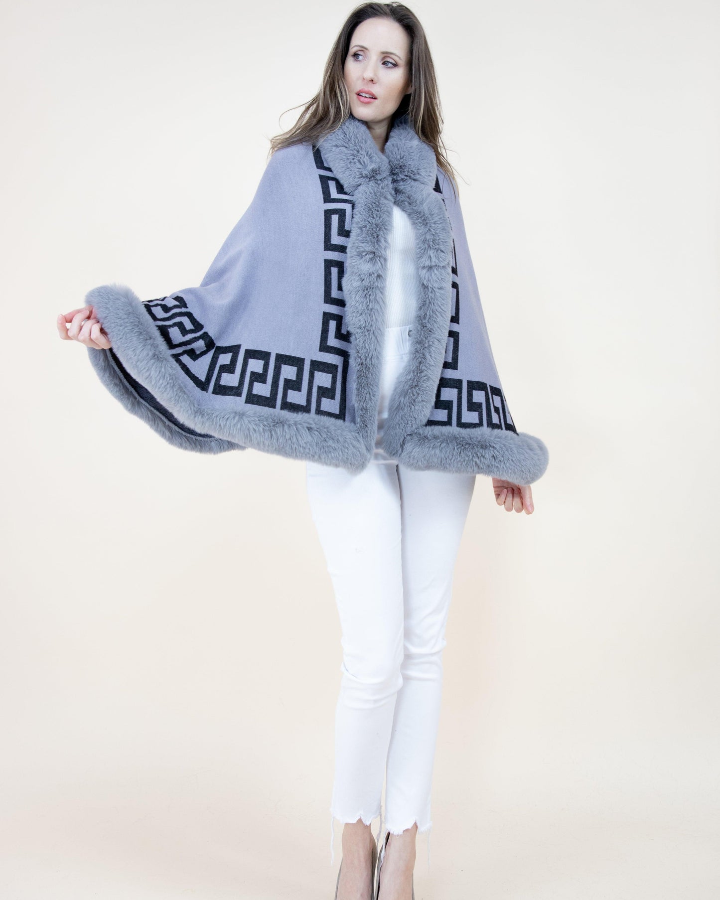 Greek Key Ruana w/ Faux Fur Trim
