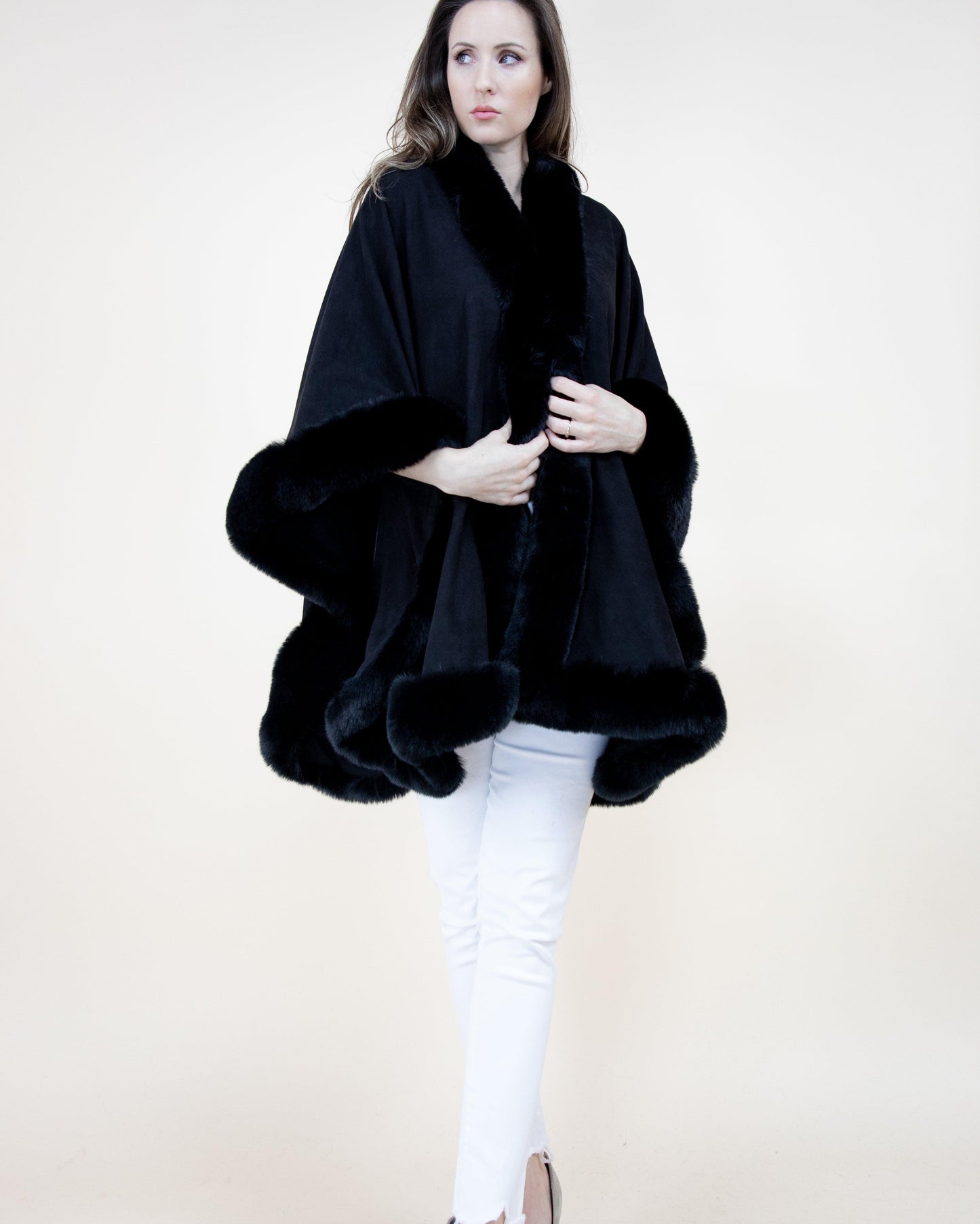 Faux Suede Ruana w/ Faux Fur Trim