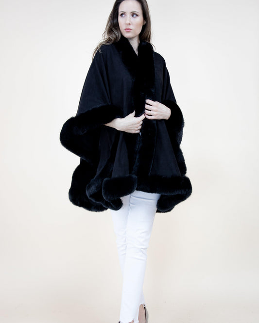 Faux Suede Ruana w/ Faux Fur Trim