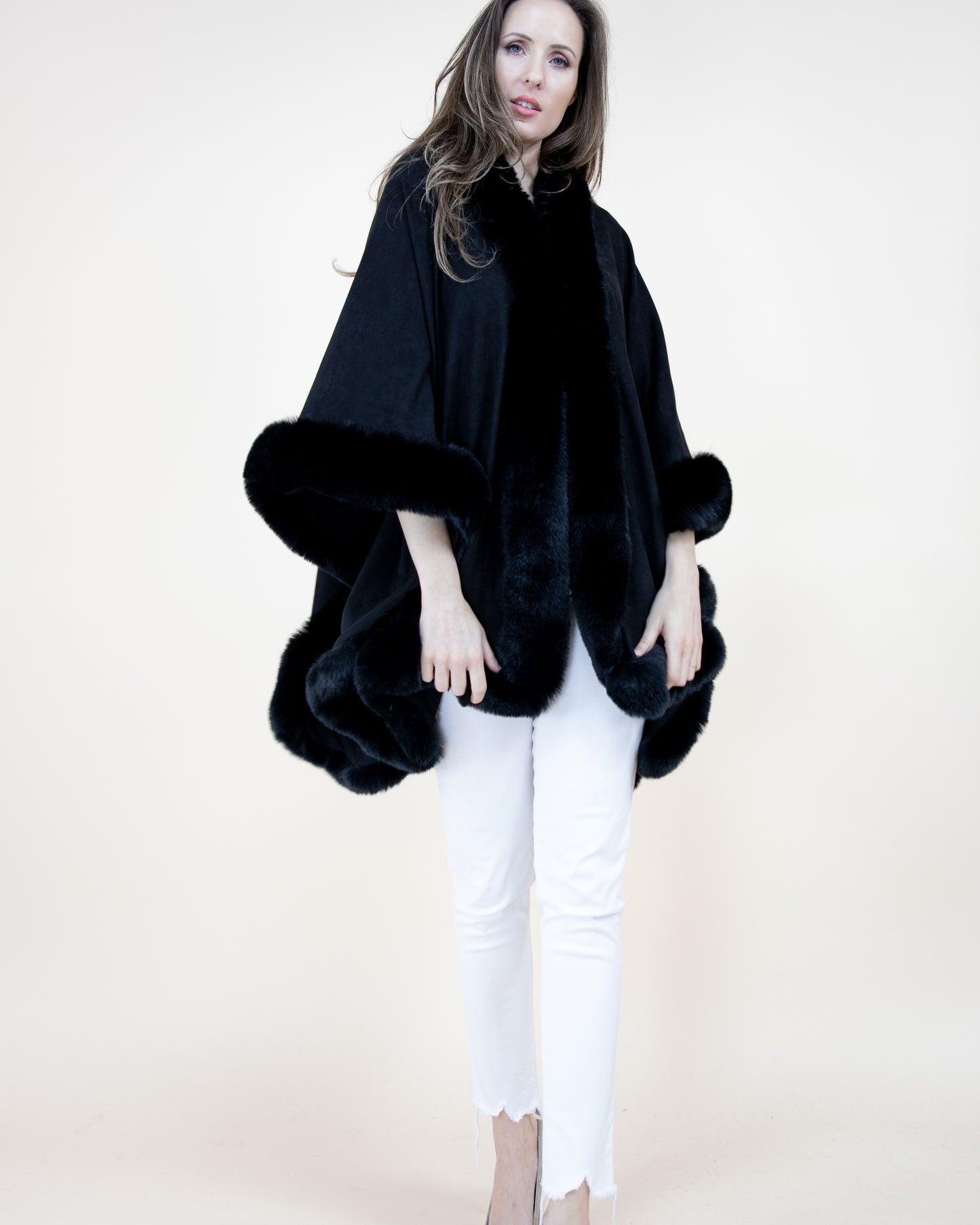 Faux Suede Ruana w/ Faux Fur Trim