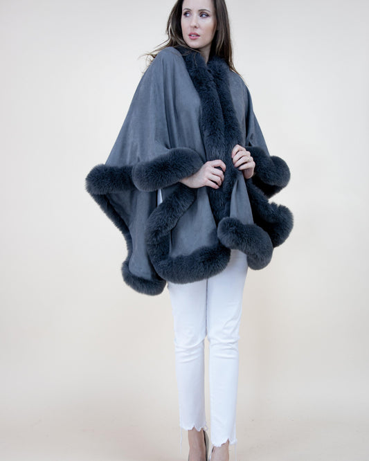 Faux Suede Ruana w/ Faux Fur Trim