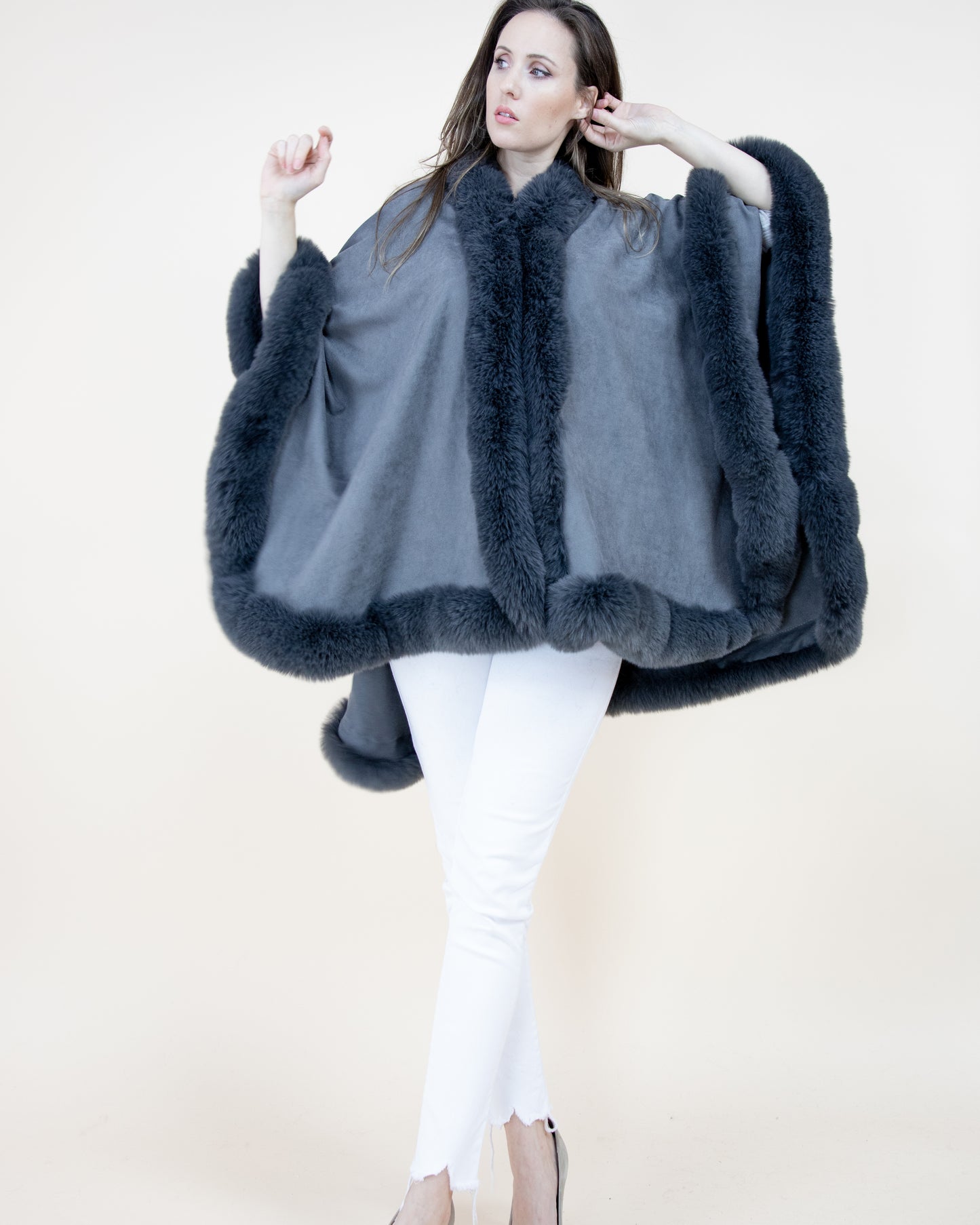 Faux Suede Ruana w/ Faux Fur Trim