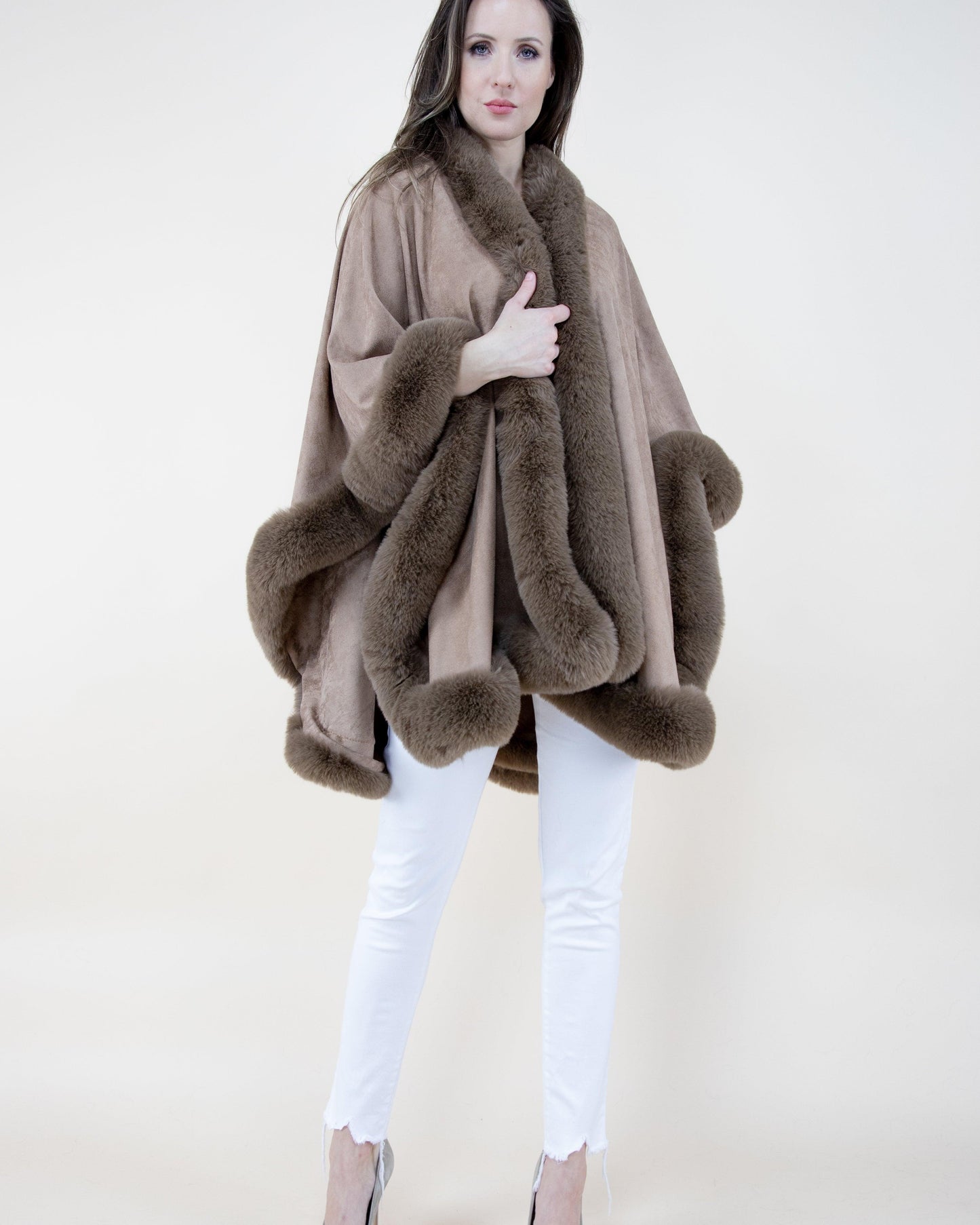 Faux Suede Ruana w/ Faux Fur Trim