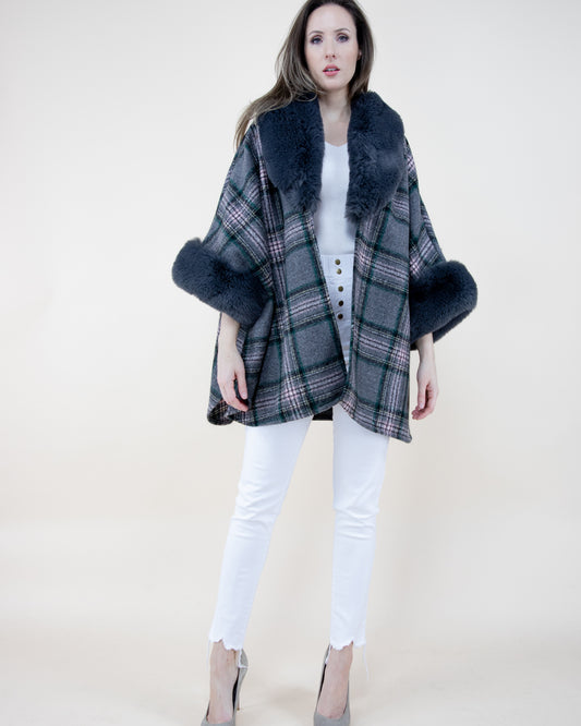 Scotch Plaid Cape w/ Faux Fur Trim