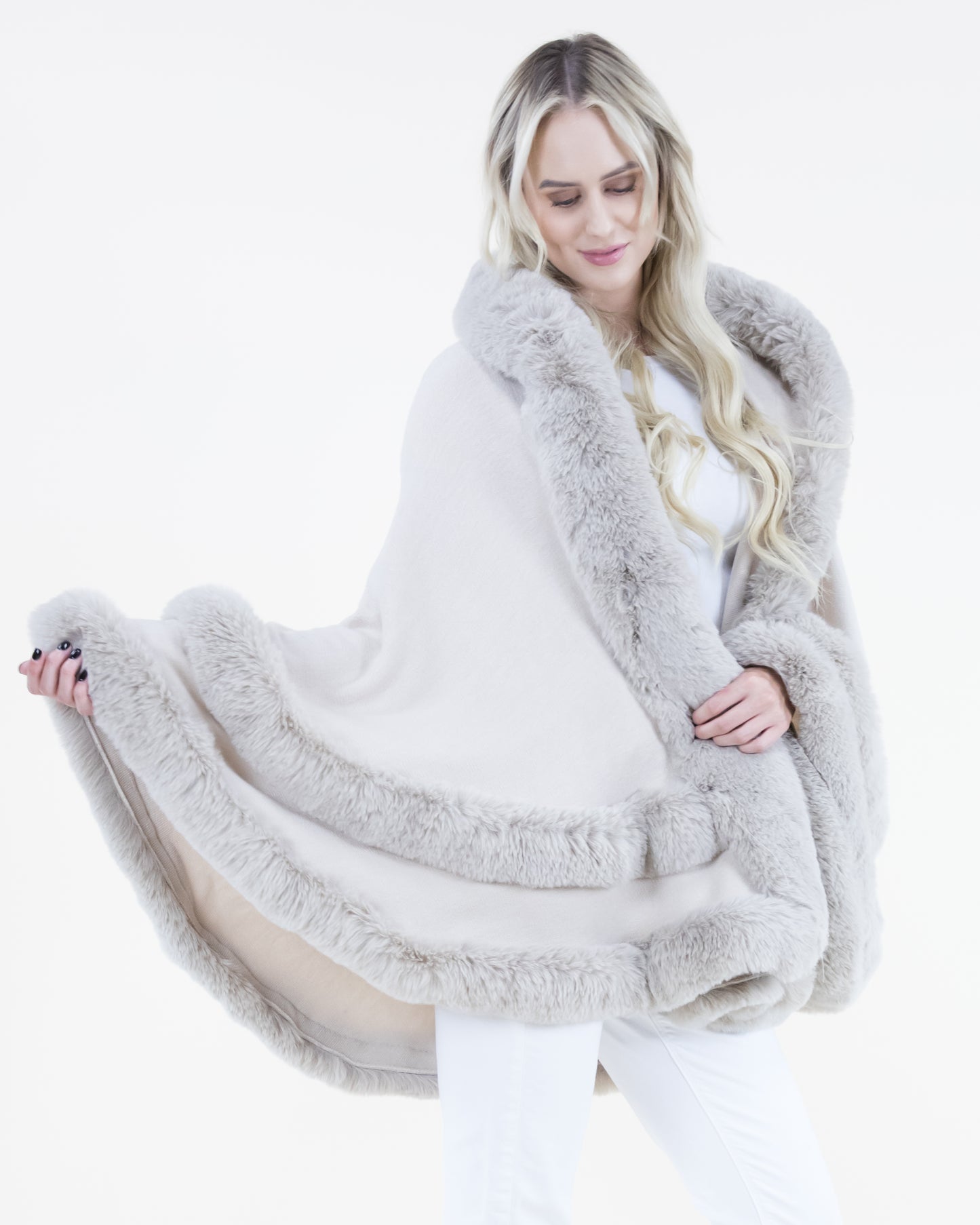 Double Layered Faux Fur Cape w/ Hoodie
