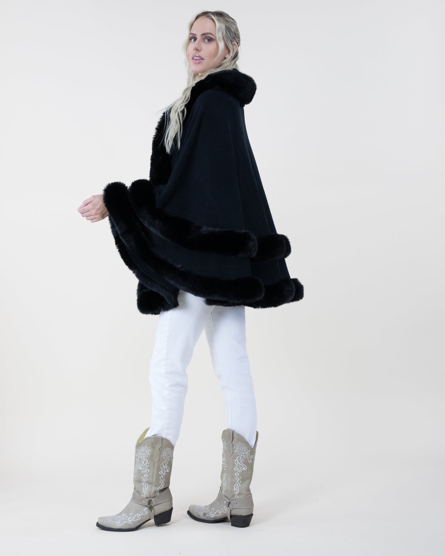 Double Layered Faux Fur Cape w/ Hoodie