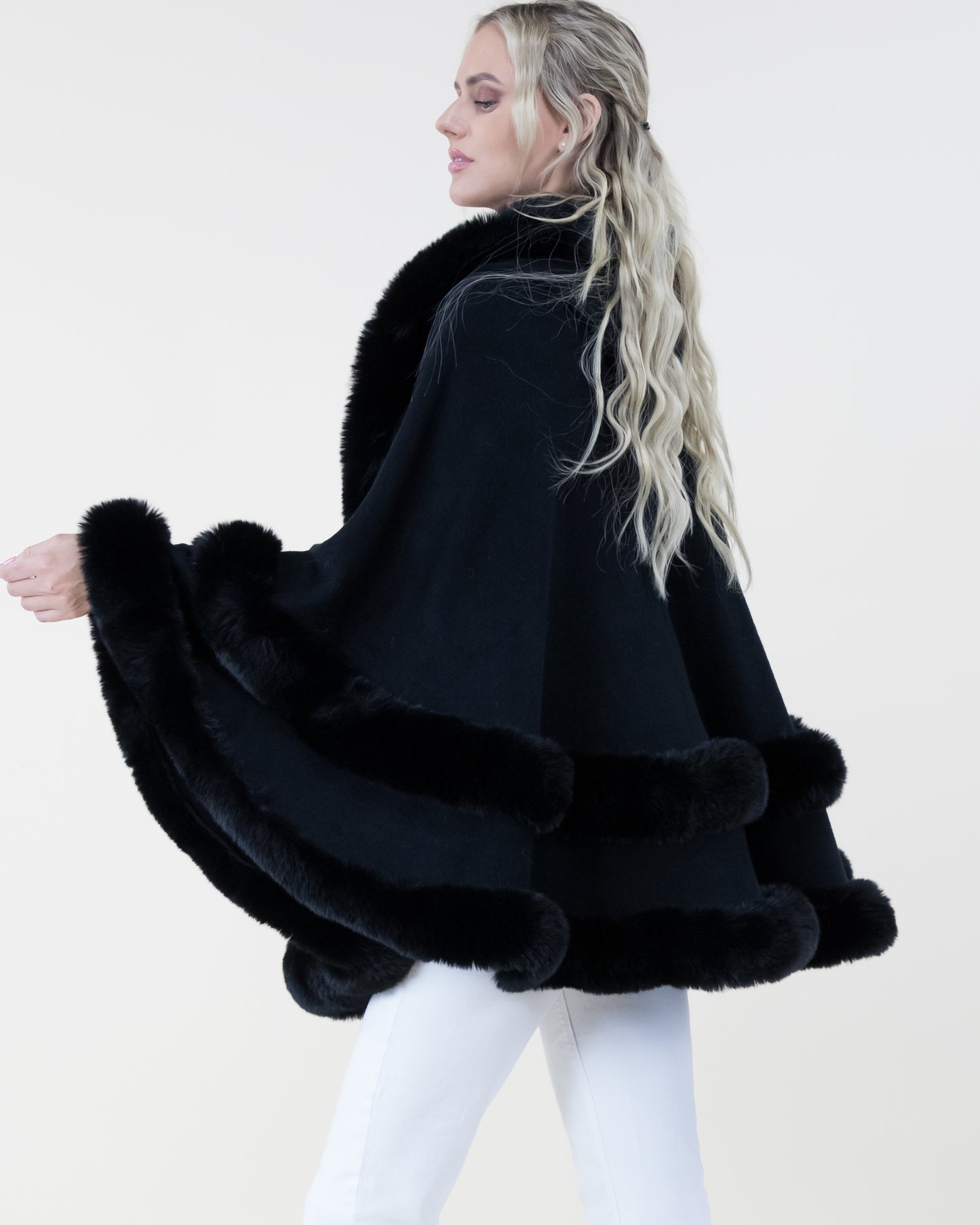 Double Layered Faux Fur Cape w/ Hoodie