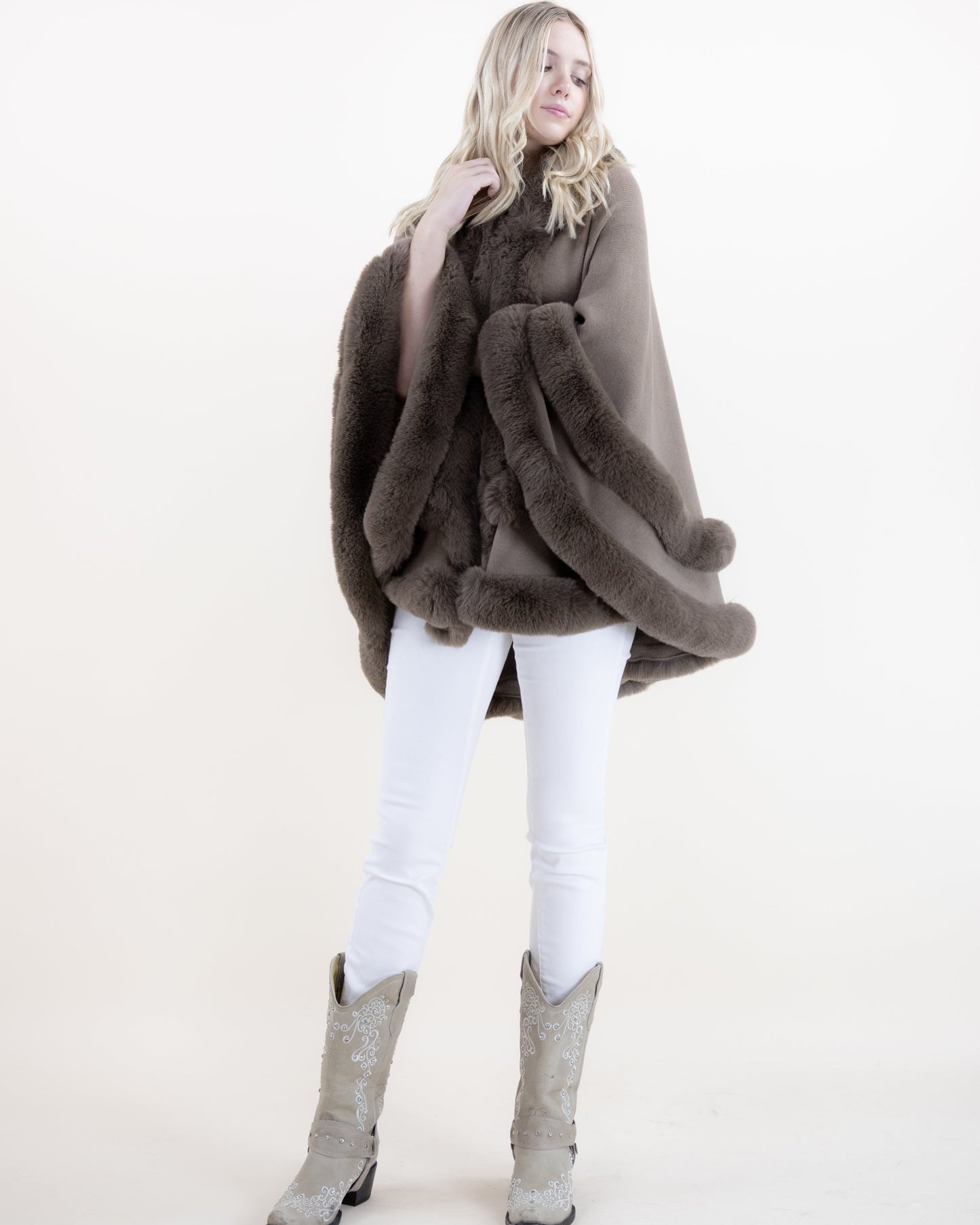 Double Layered Faux Fur Cape w/ Hoodie