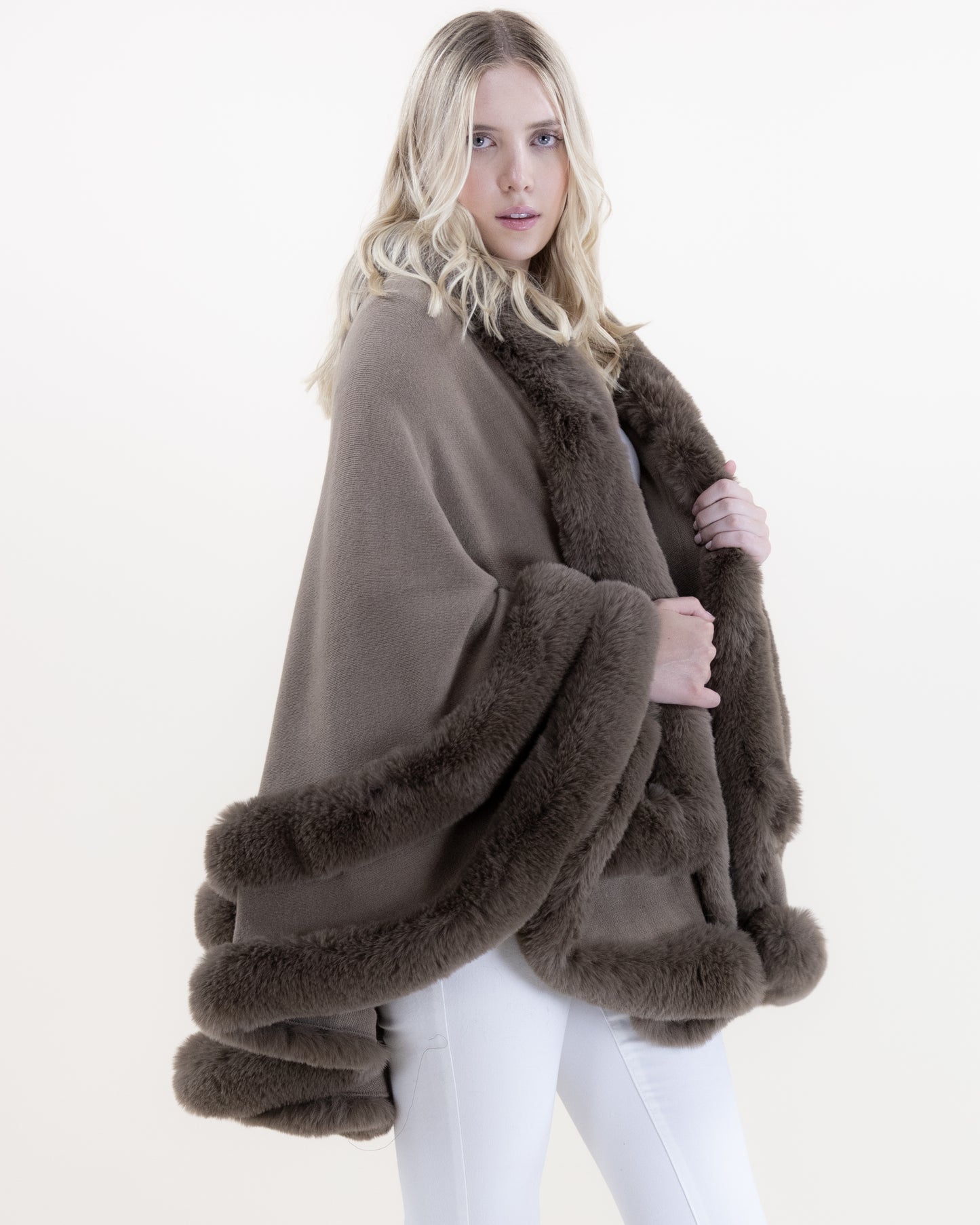 Double Layered Faux Fur Cape w/ Hoodie