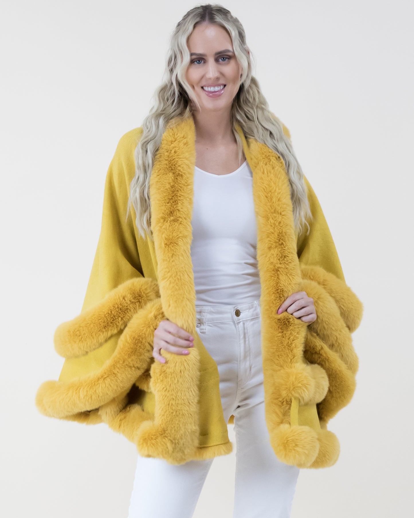 Double Layered Faux Fur Cape w/ Hoodie