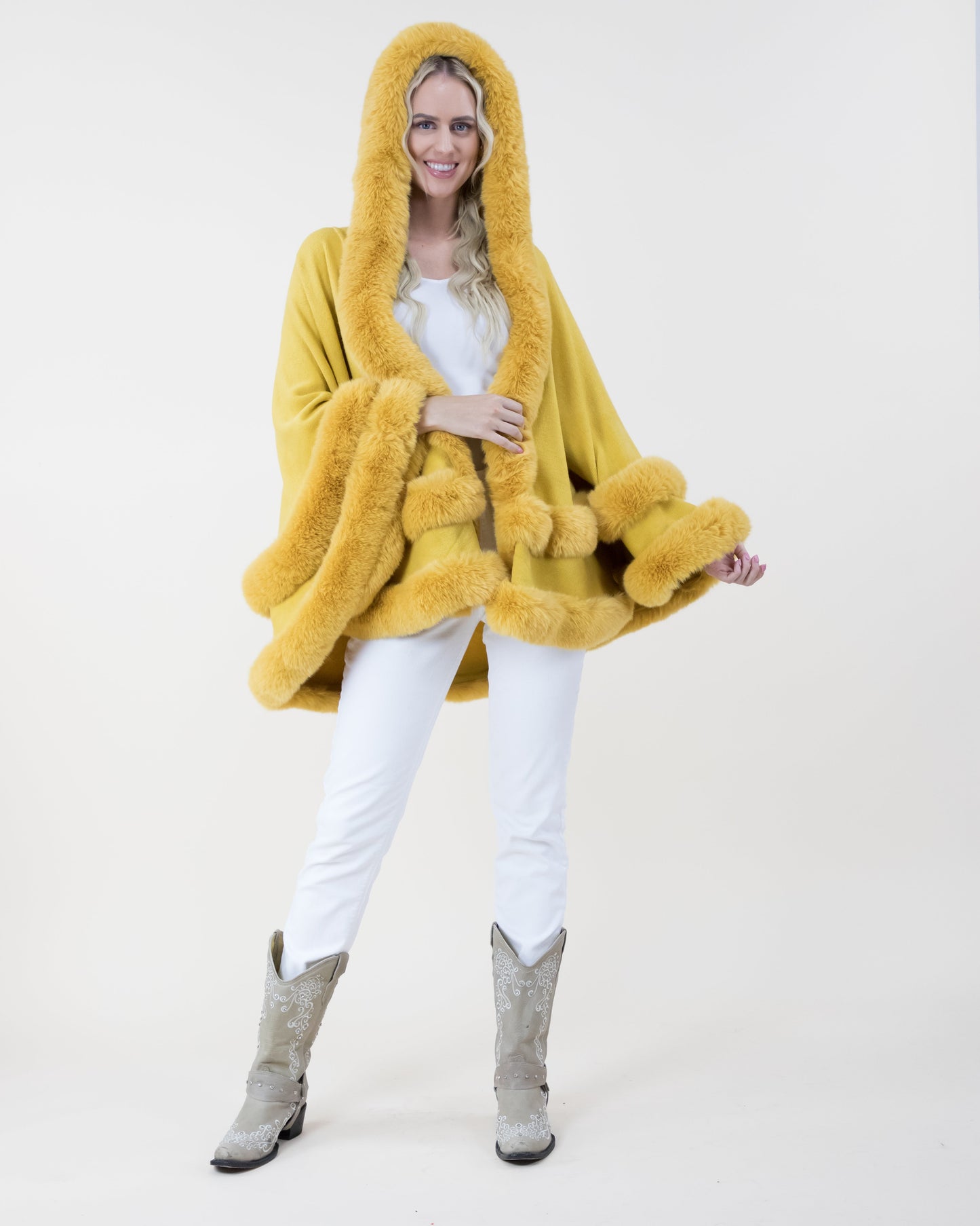 Double Layered Faux Fur Cape w/ Hoodie