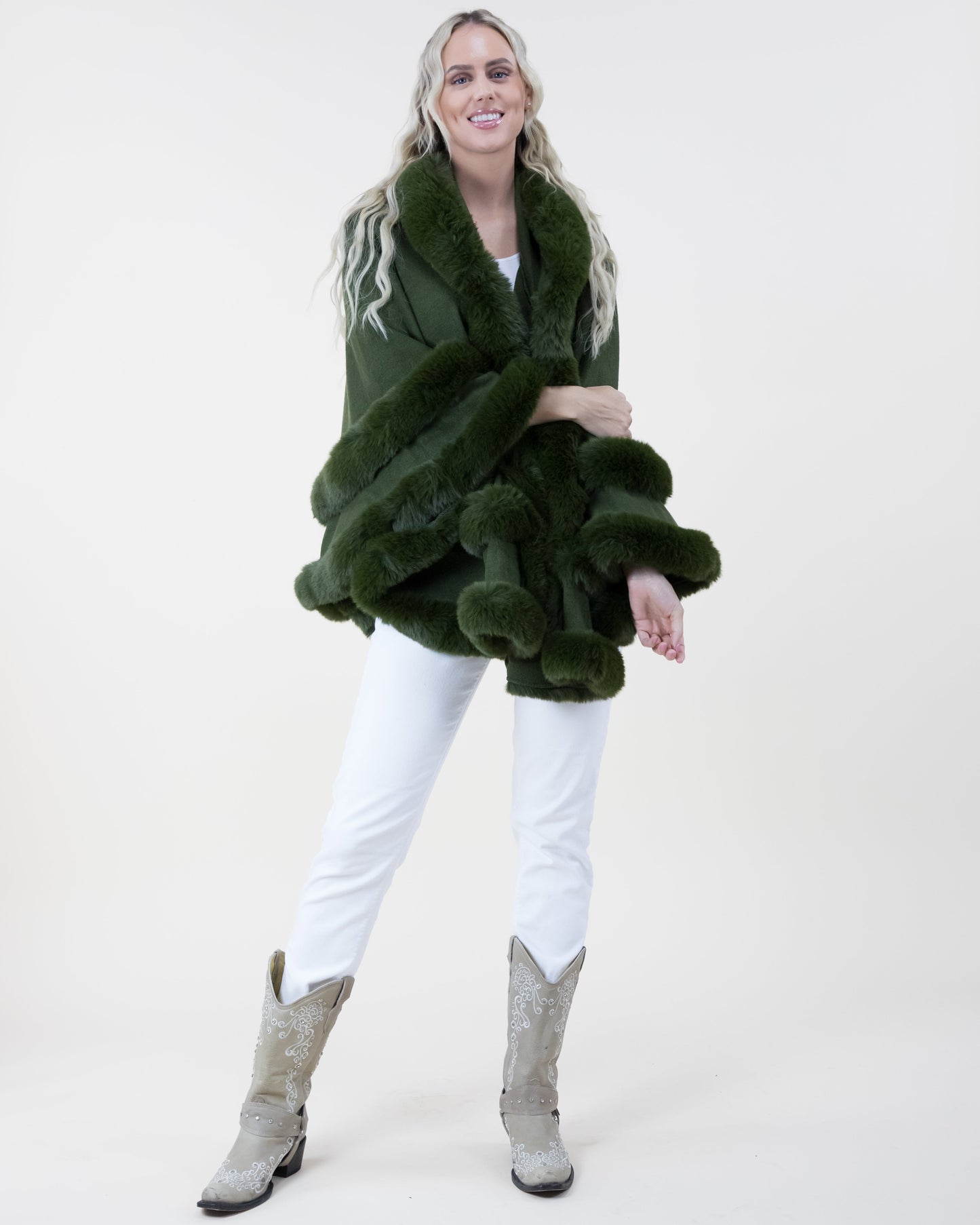 Double Layered Faux Fur Cape w/ Hoodie