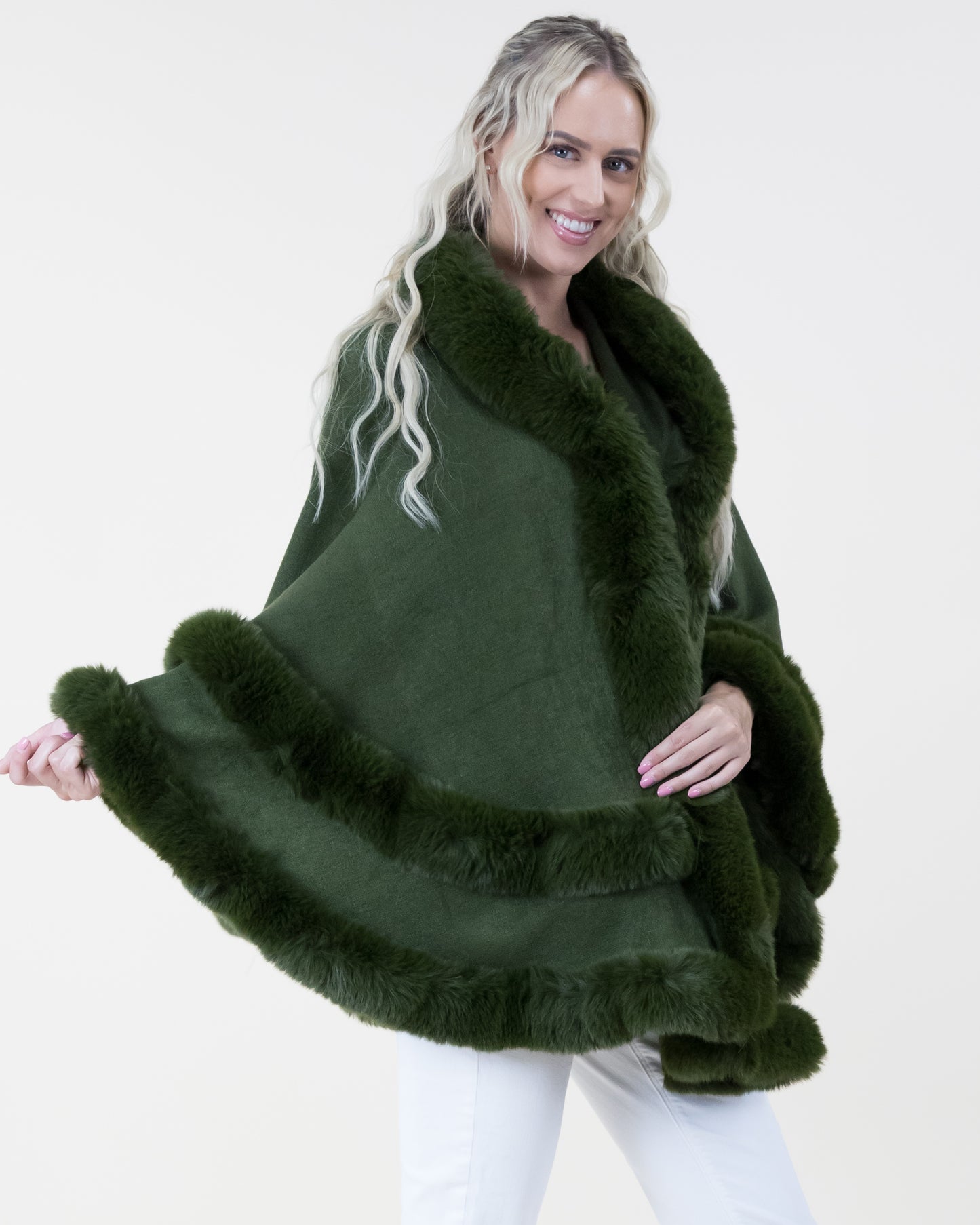Double Layered Faux Fur Cape w/ Hoodie