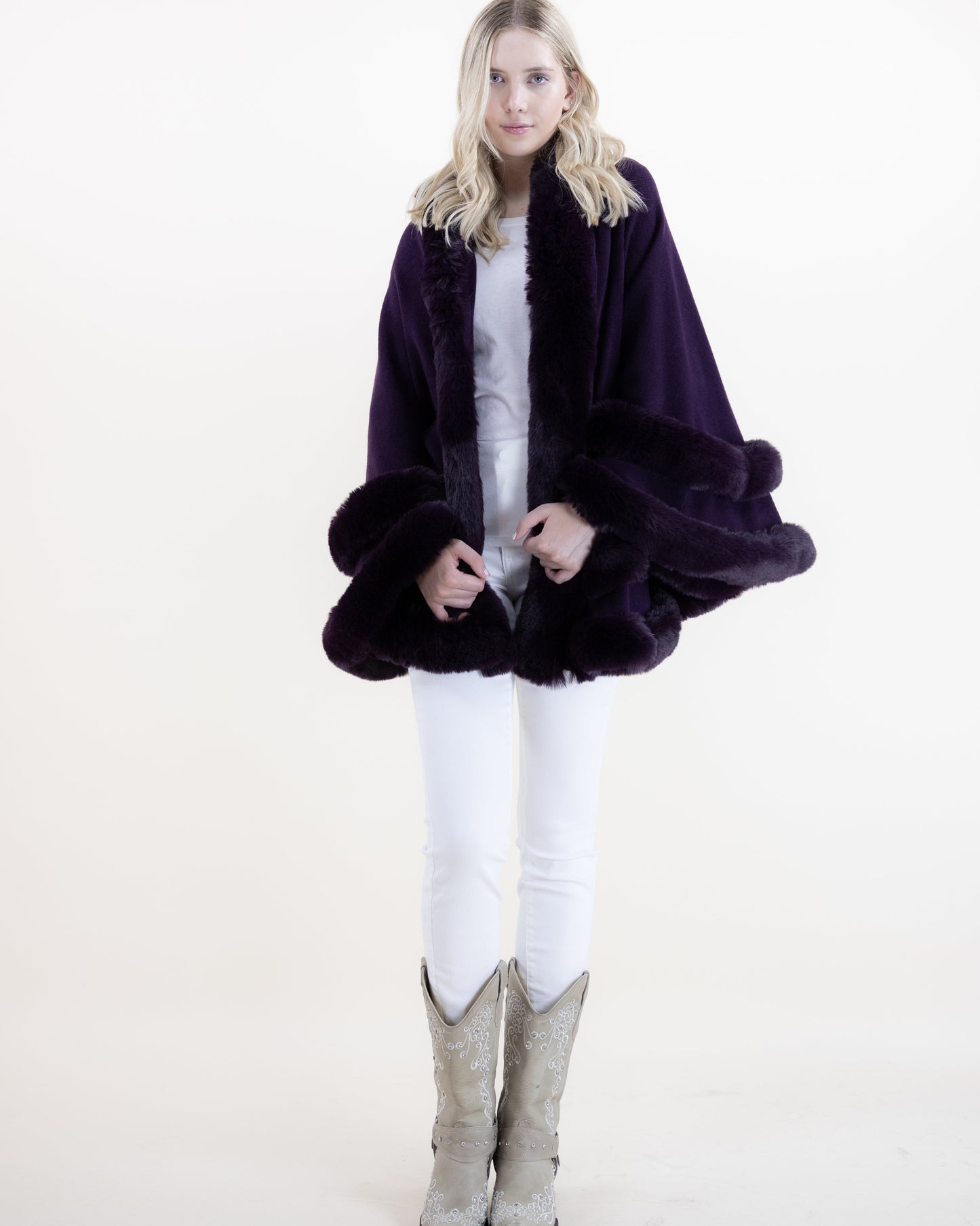 Double Layered Faux Fur Cape w/ Hoodie