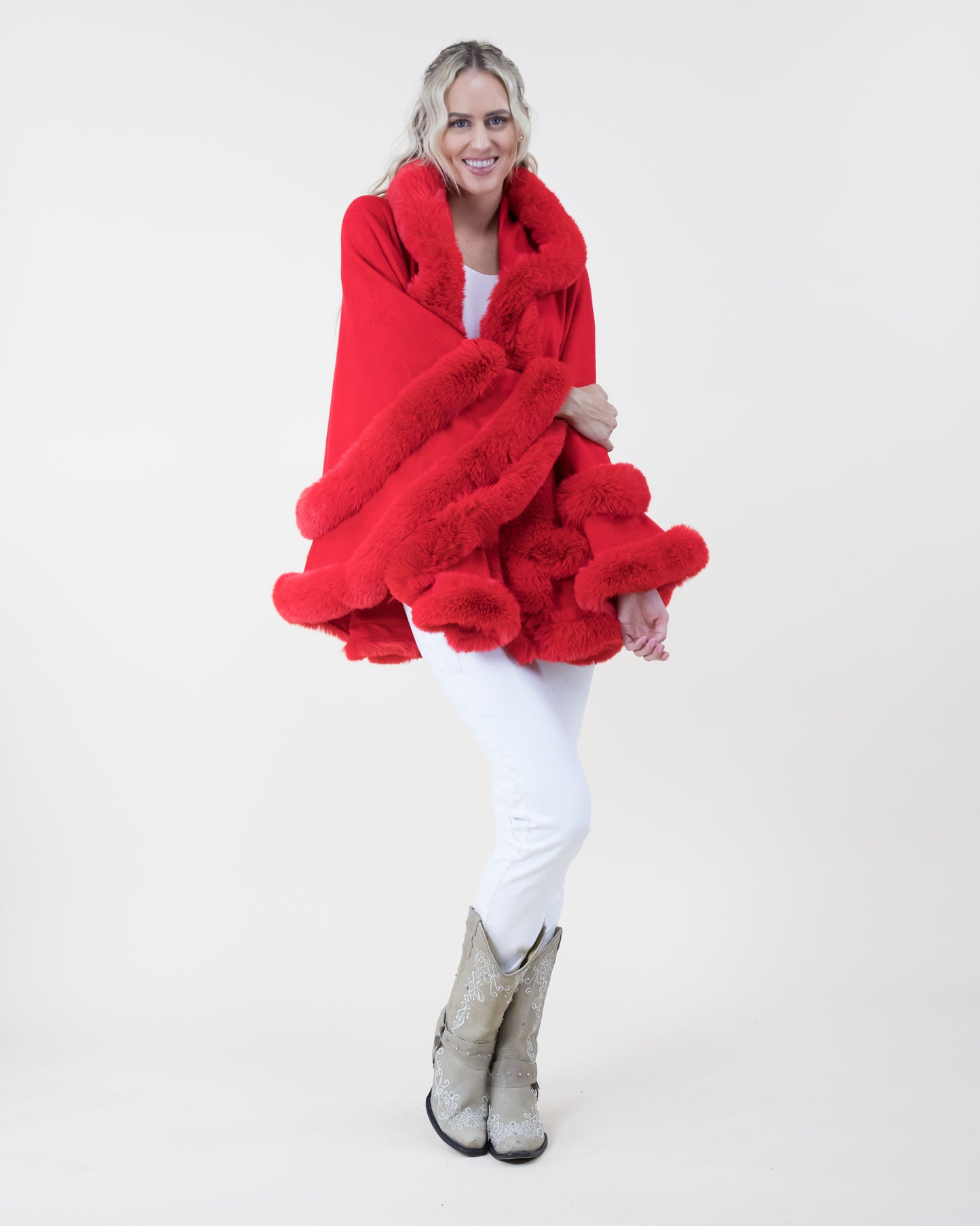 Double Layered Faux Fur Cape w/ Hoodie