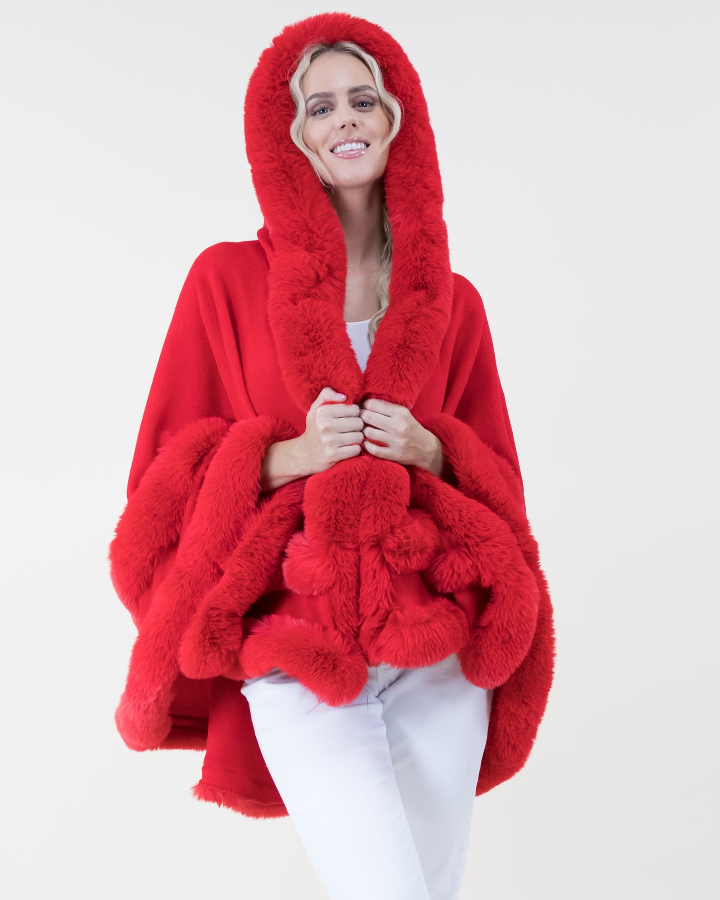 Double Layered Faux Fur Cape w/ Hoodie