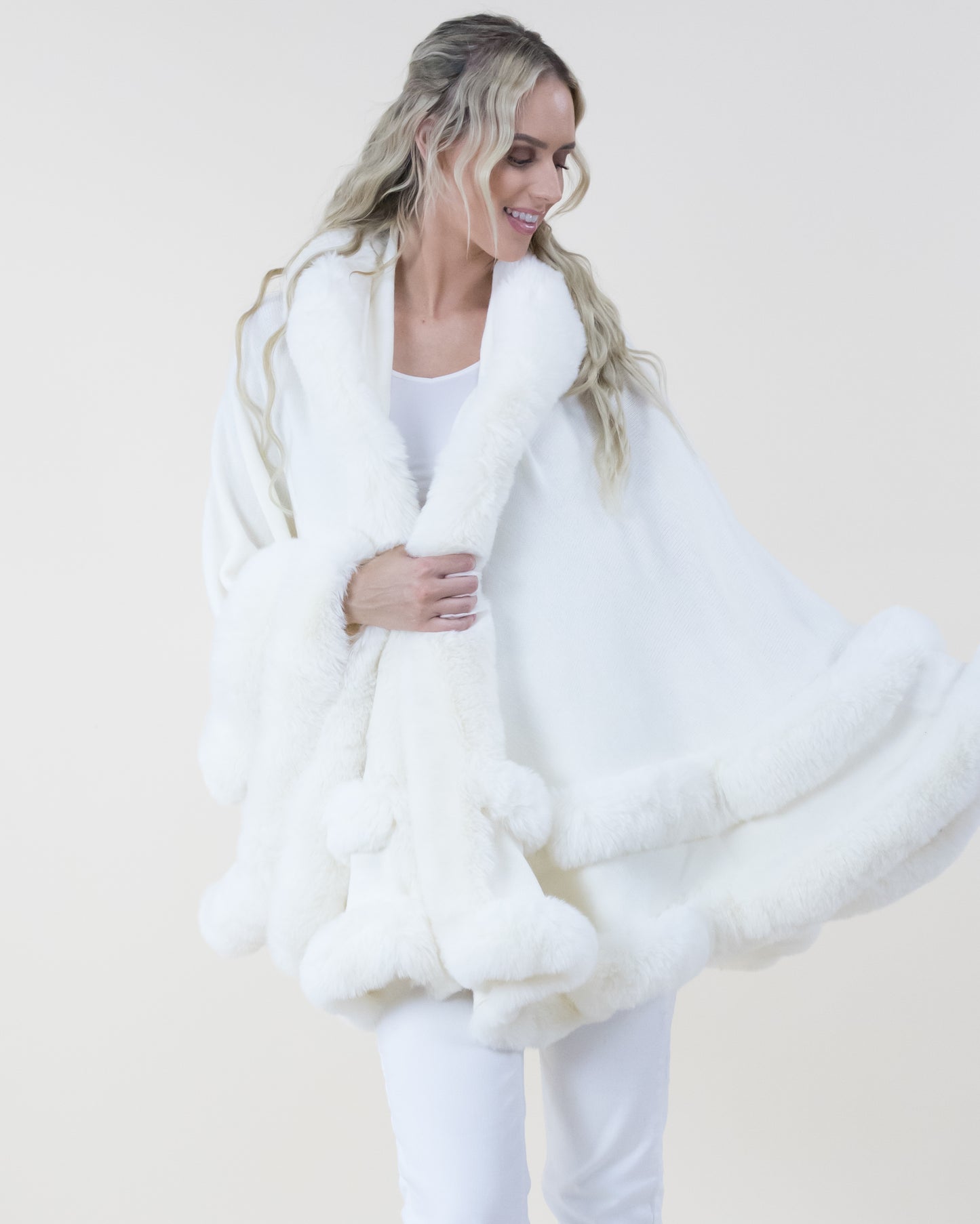 Double Layered Faux Fur Cape w/ Hoodie