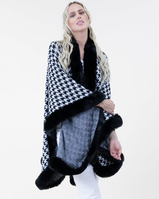 Houndstooth Print Cape w/ Faux Fur Trim