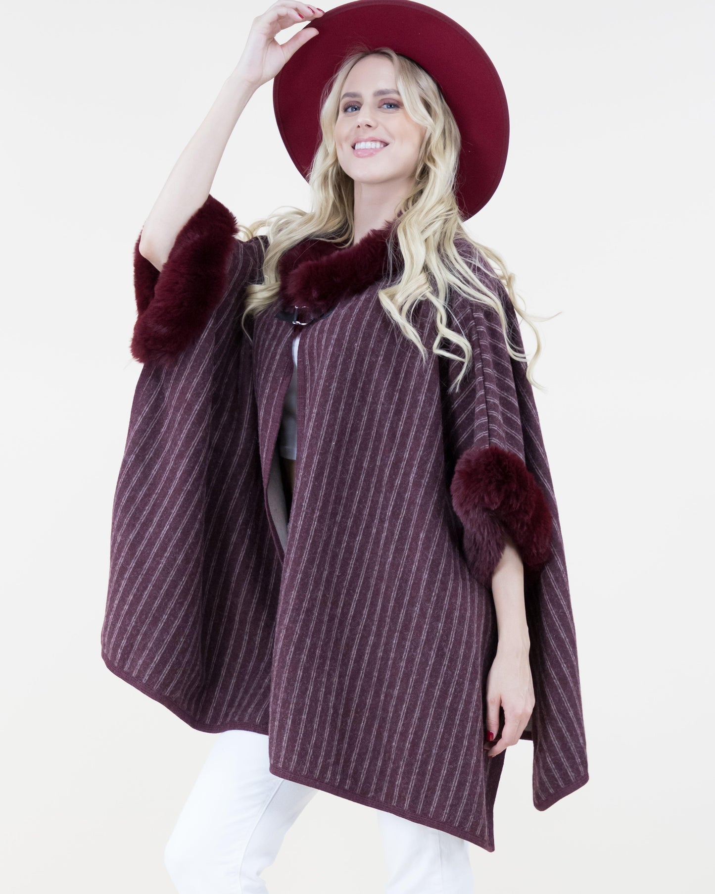 Pin-Stripe Cape w/ Faux Fur Trims & Neck Toggle