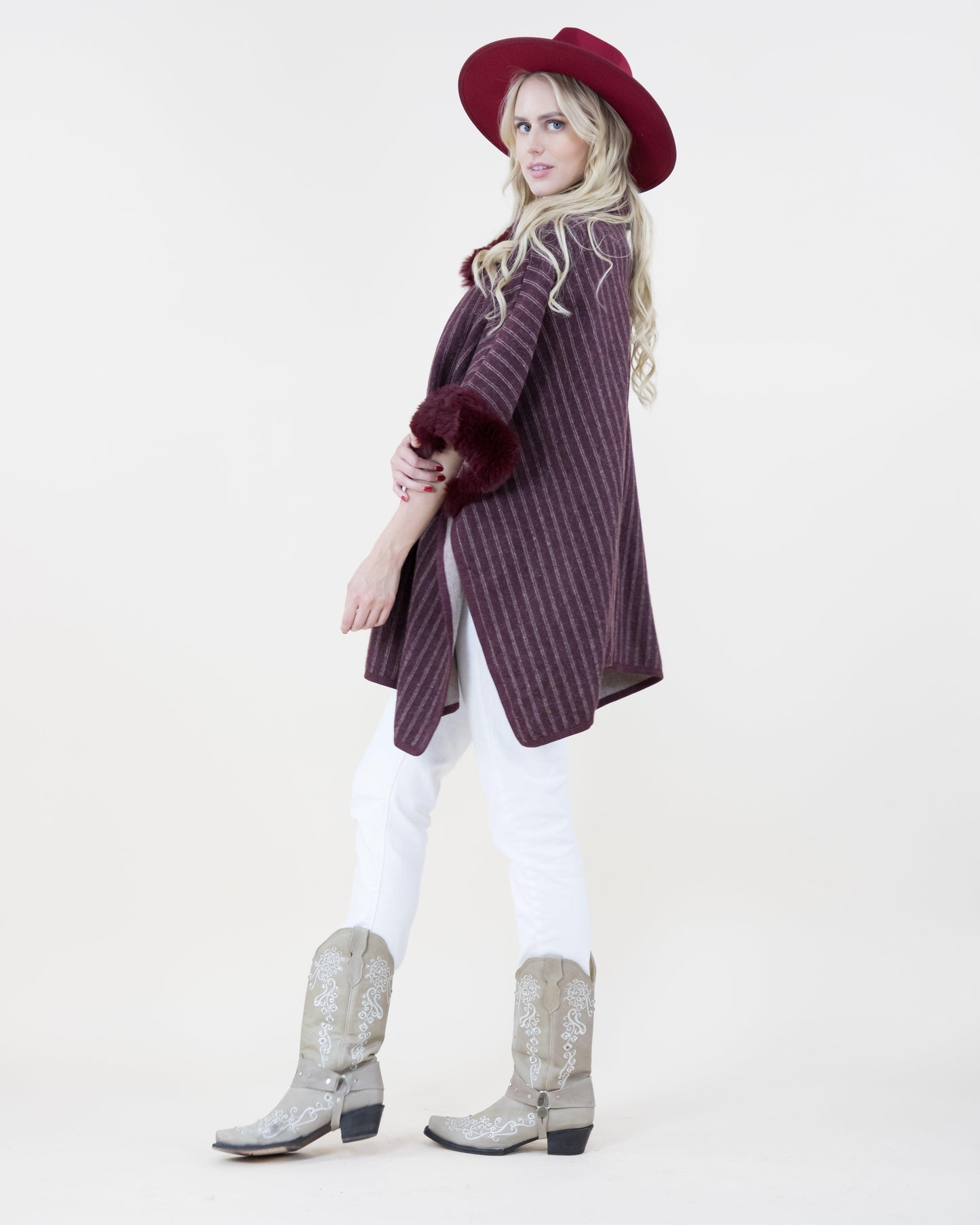 Pin-Stripe Cape w/ Faux Fur Trims & Neck Toggle