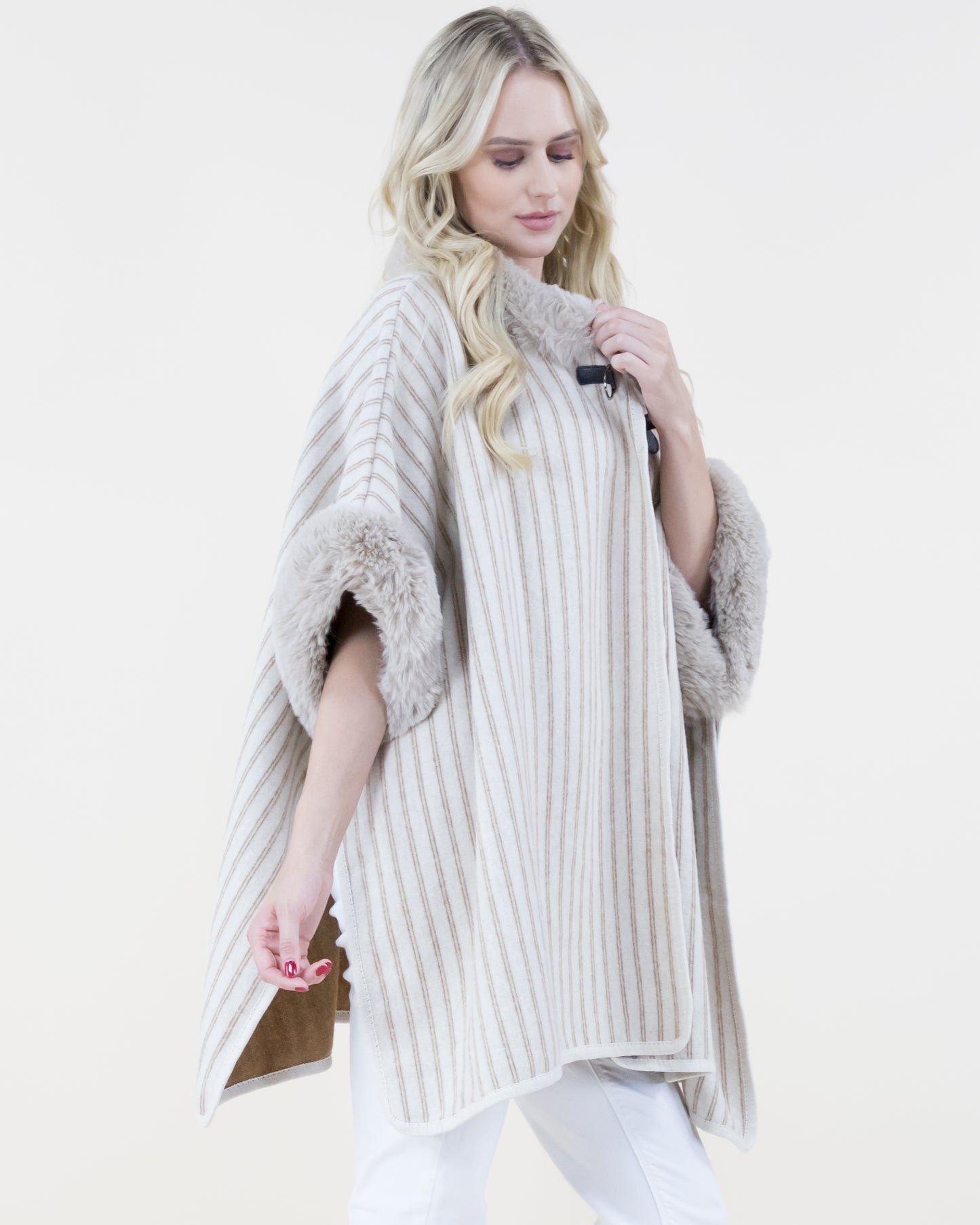 Pin-Stripe Cape w/ Faux Fur Trims & Neck Toggle