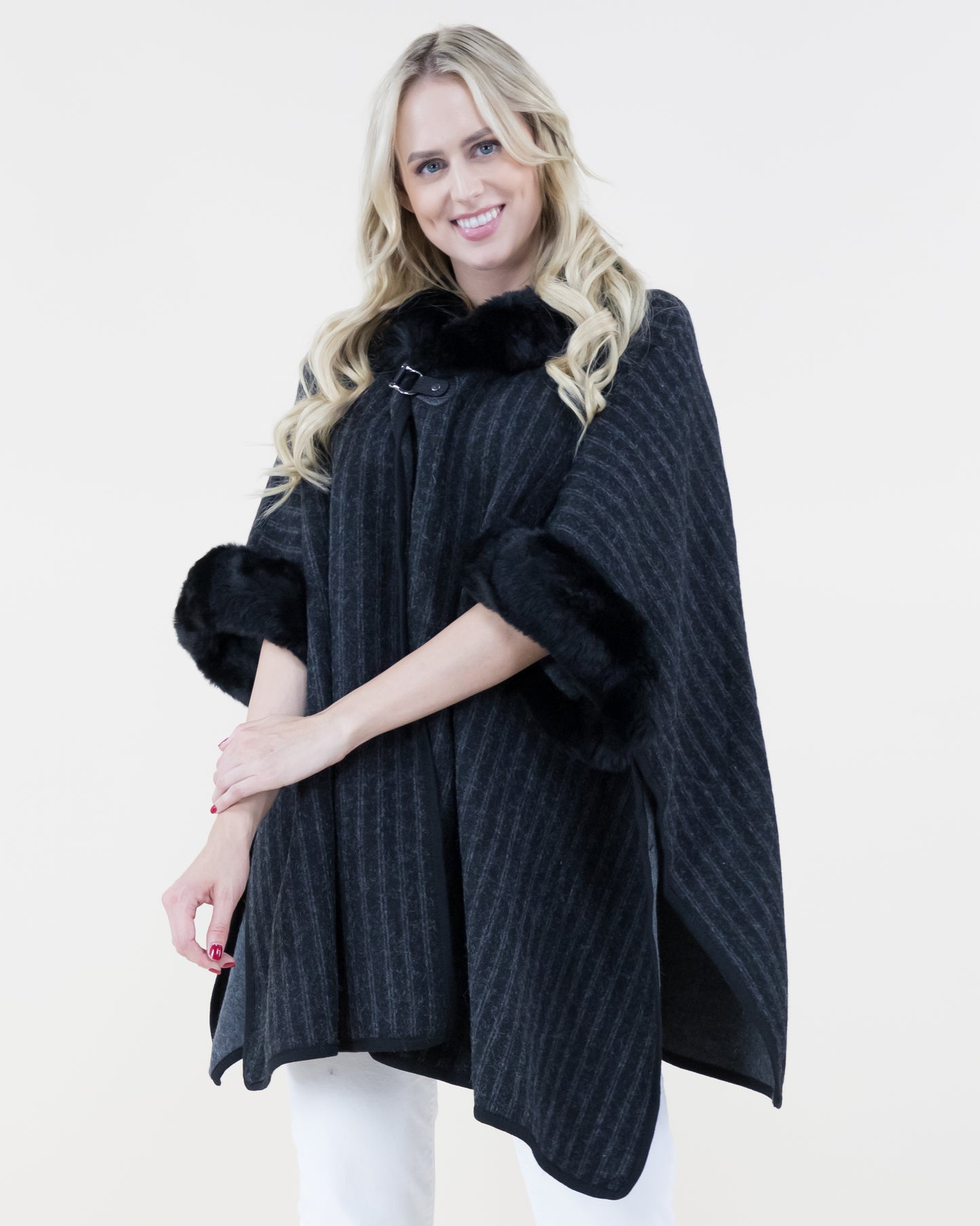 Pin-Stripe Cape w/ Faux Fur Trims & Neck Toggle