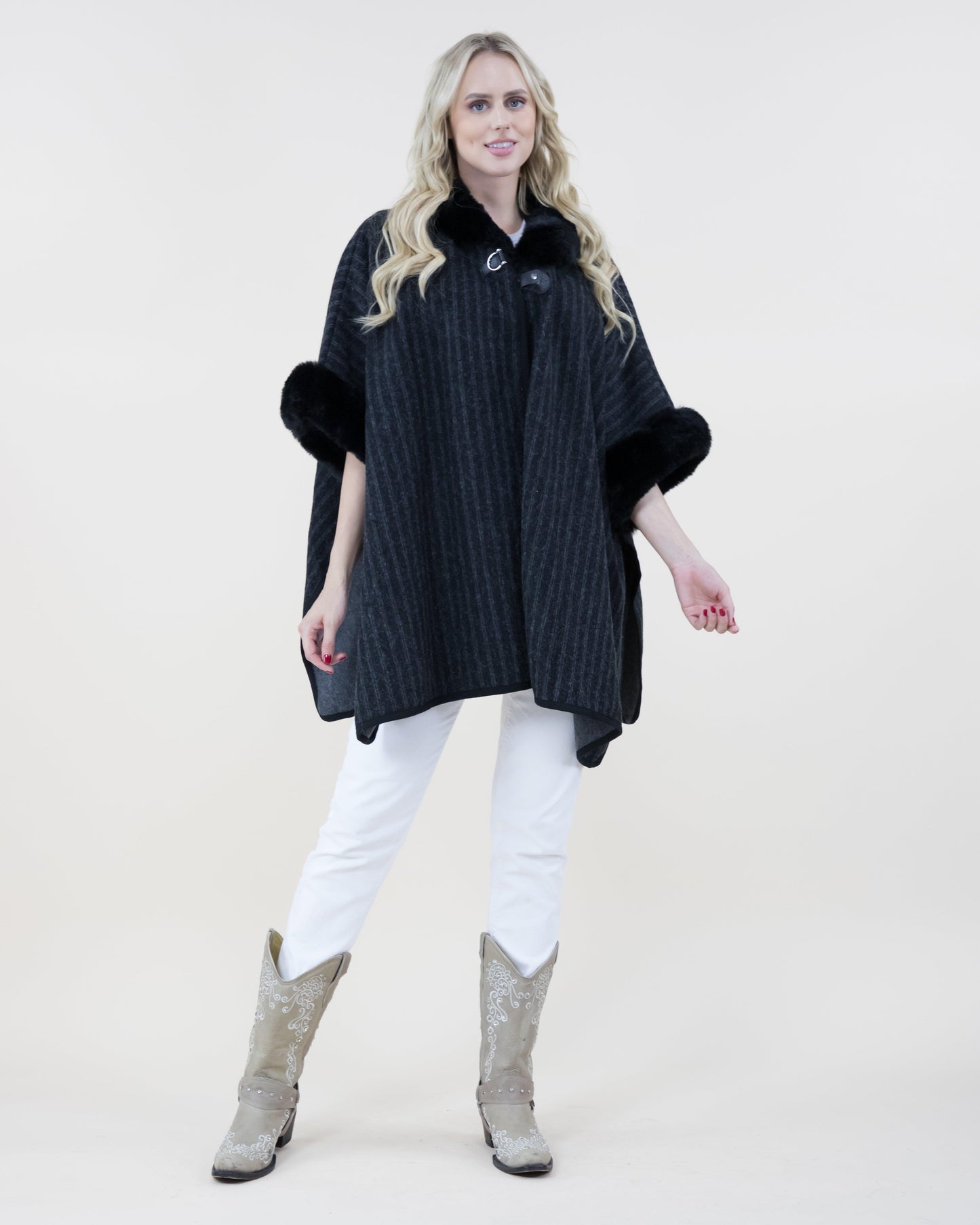 Pin-Stripe Cape w/ Faux Fur Trims & Neck Toggle