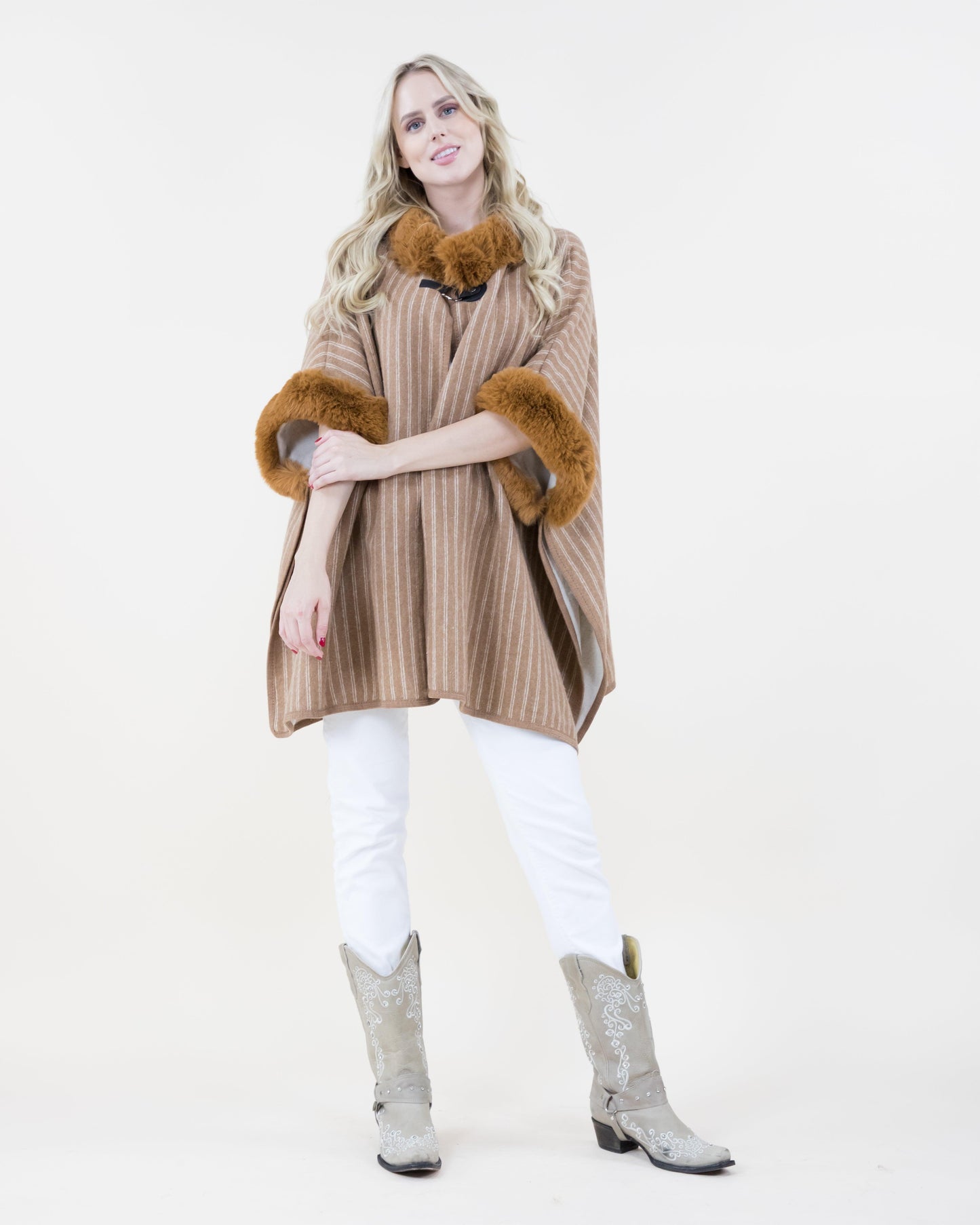 Pin-Stripe Cape w/ Faux Fur Trims & Neck Toggle