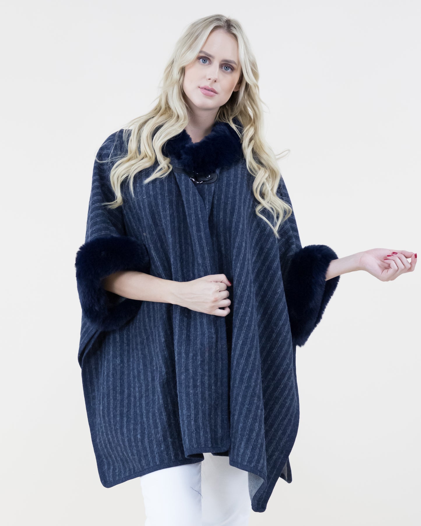 Pin-Stripe Cape w/ Faux Fur Trims & Neck Toggle