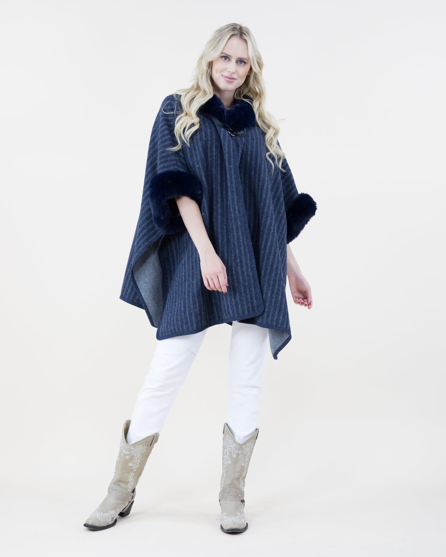 Pin-Stripe Cape w/ Faux Fur Trims & Neck Toggle