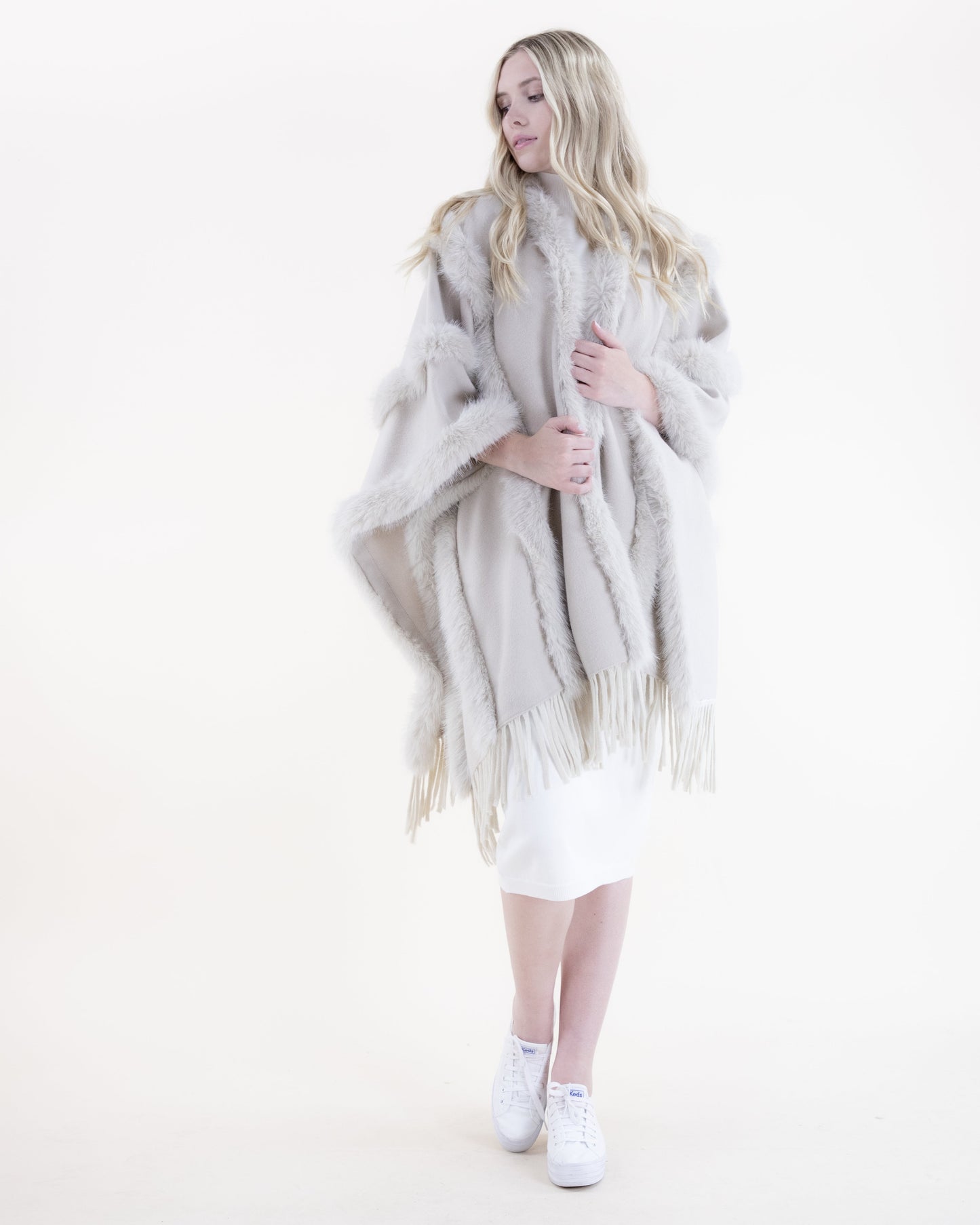 Vertical Vegan Fur Trim Cape