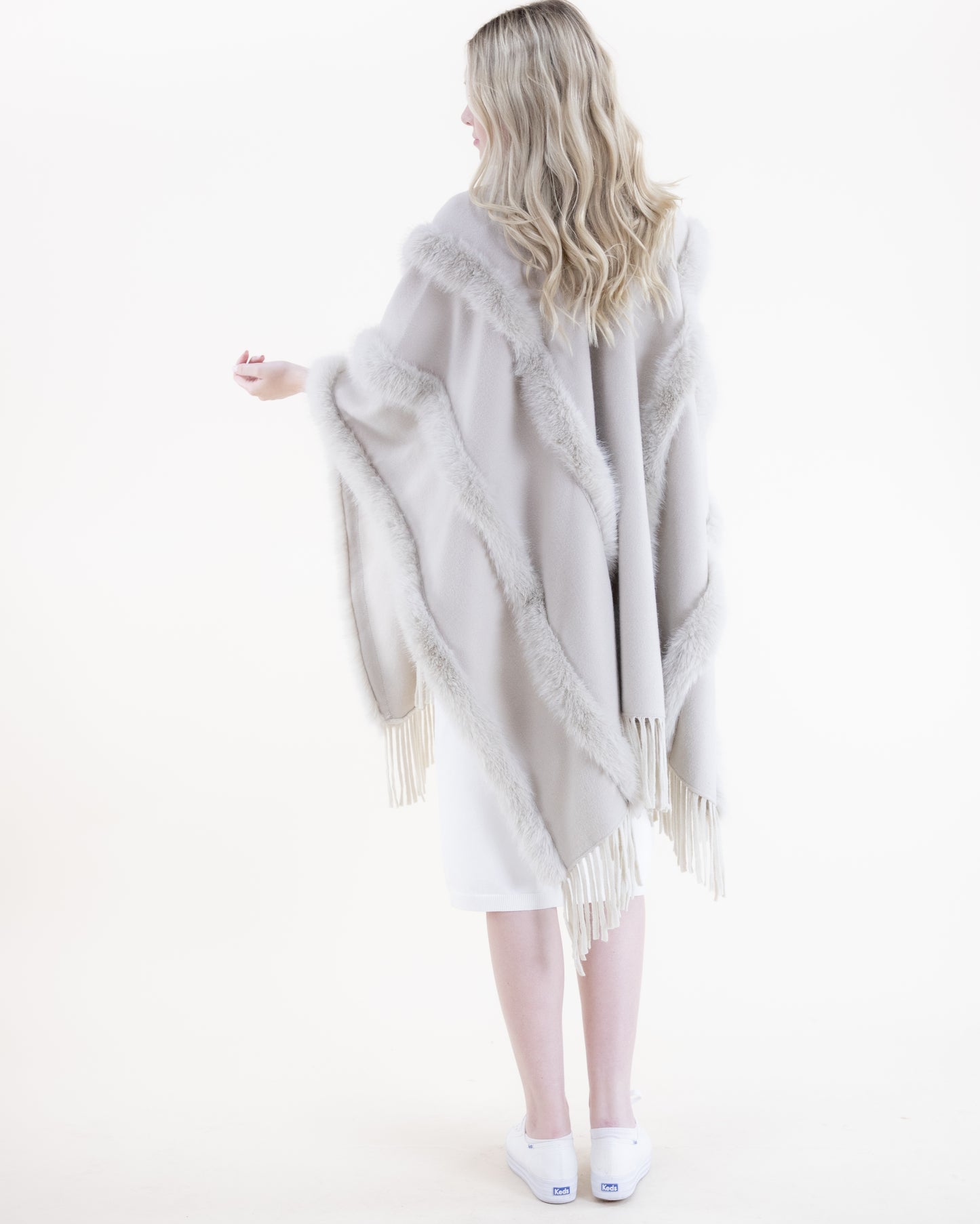 Vertical Vegan Fur Trim Cape