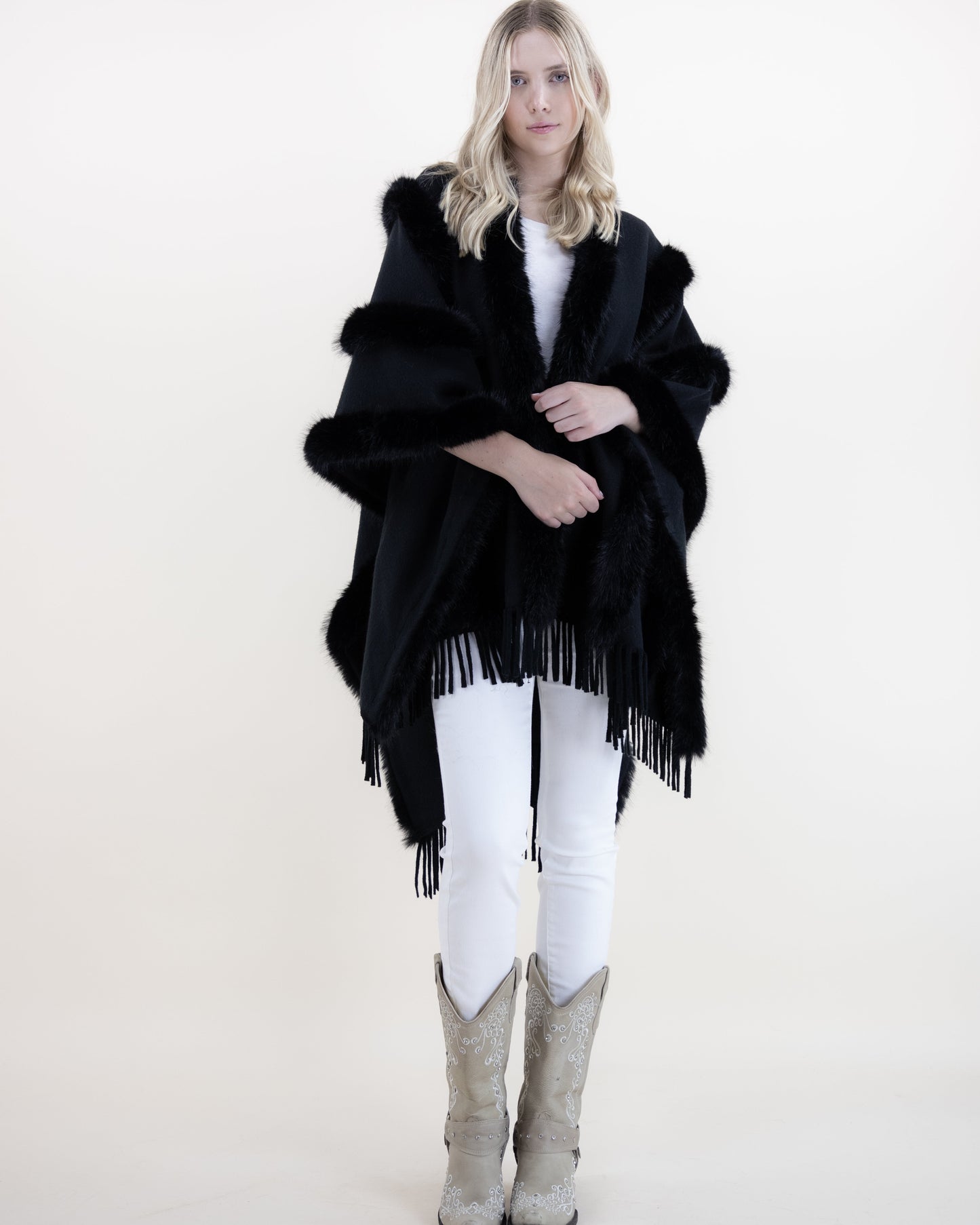 Vertical Vegan Fur Trim Cape