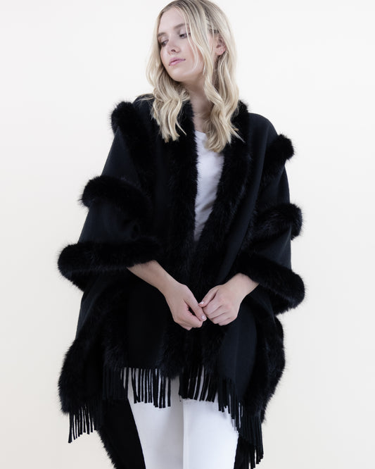 Vertical Vegan Fur Trim Cape