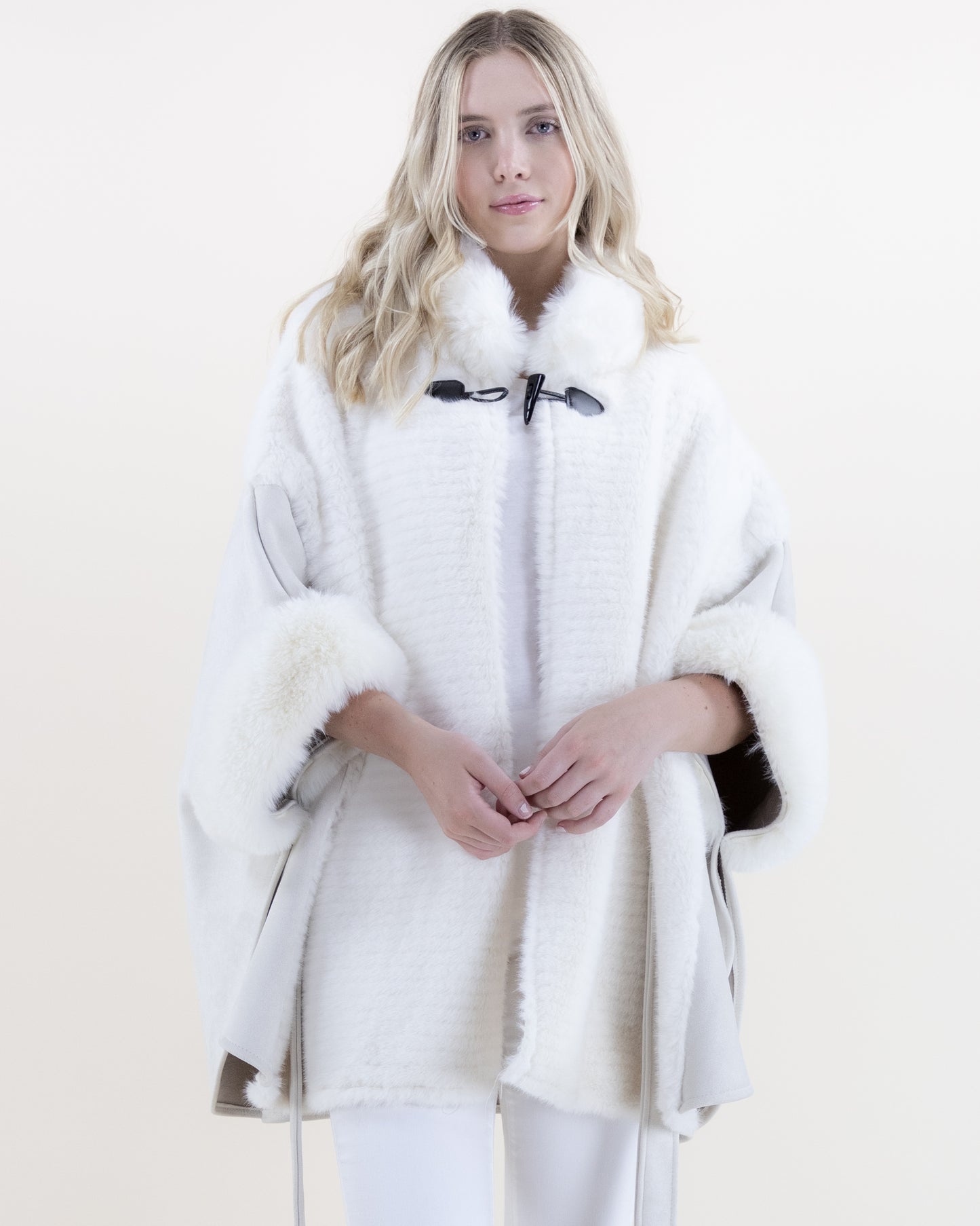 Suede Belted Cape w/ Ribbed Fur & Neck Toggle