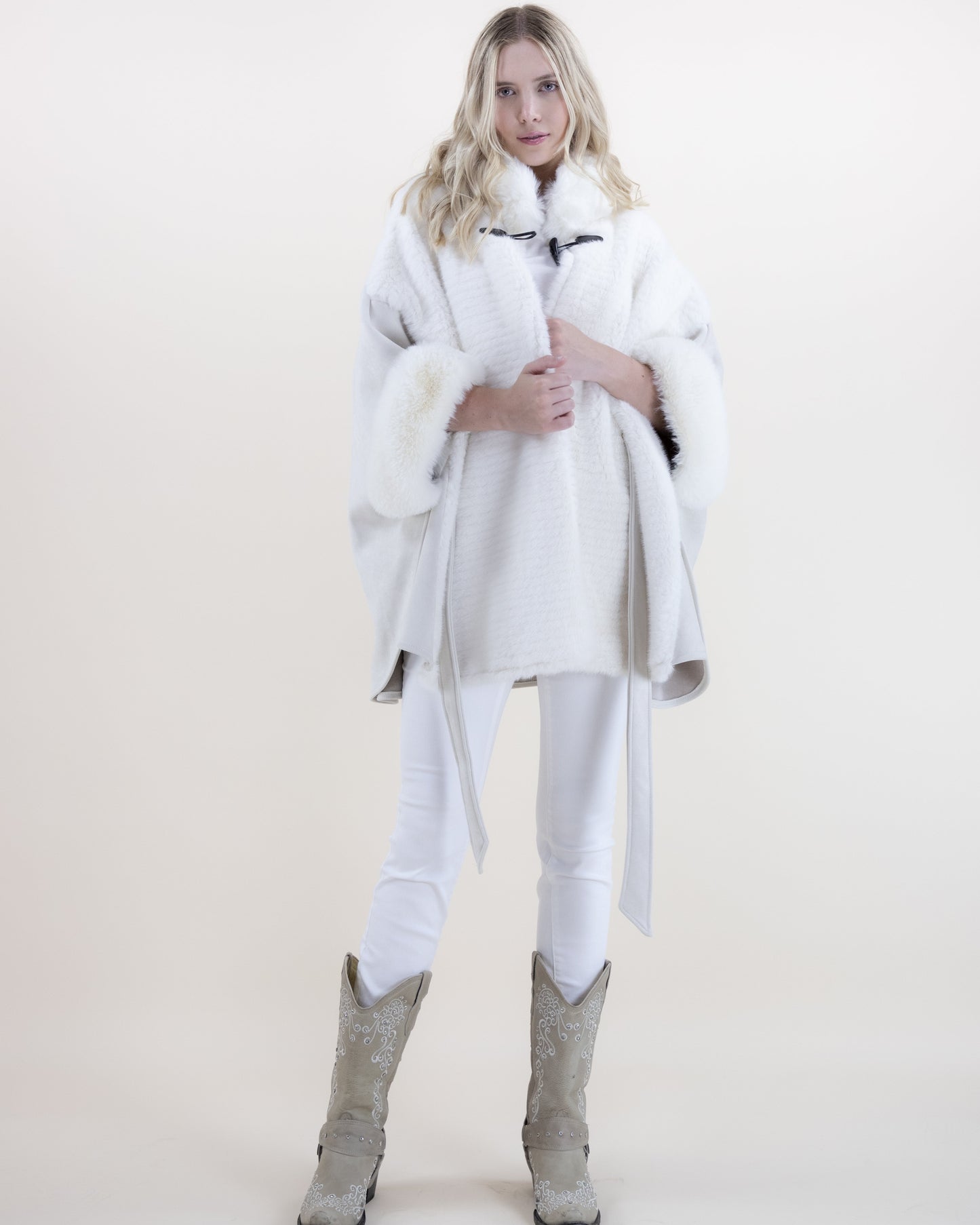 Suede Belted Cape w/ Ribbed Fur & Neck Toggle