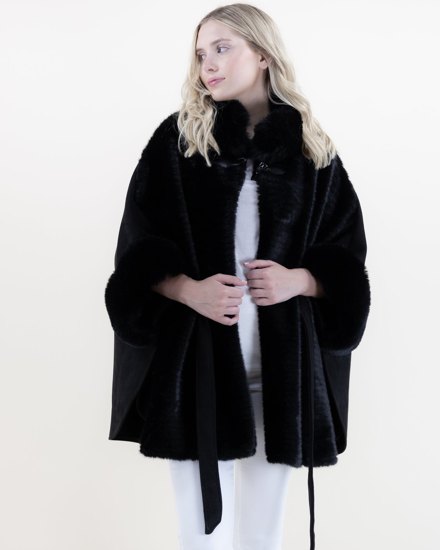 Suede Belted Cape w/ Ribbed Fur & Neck Toggle