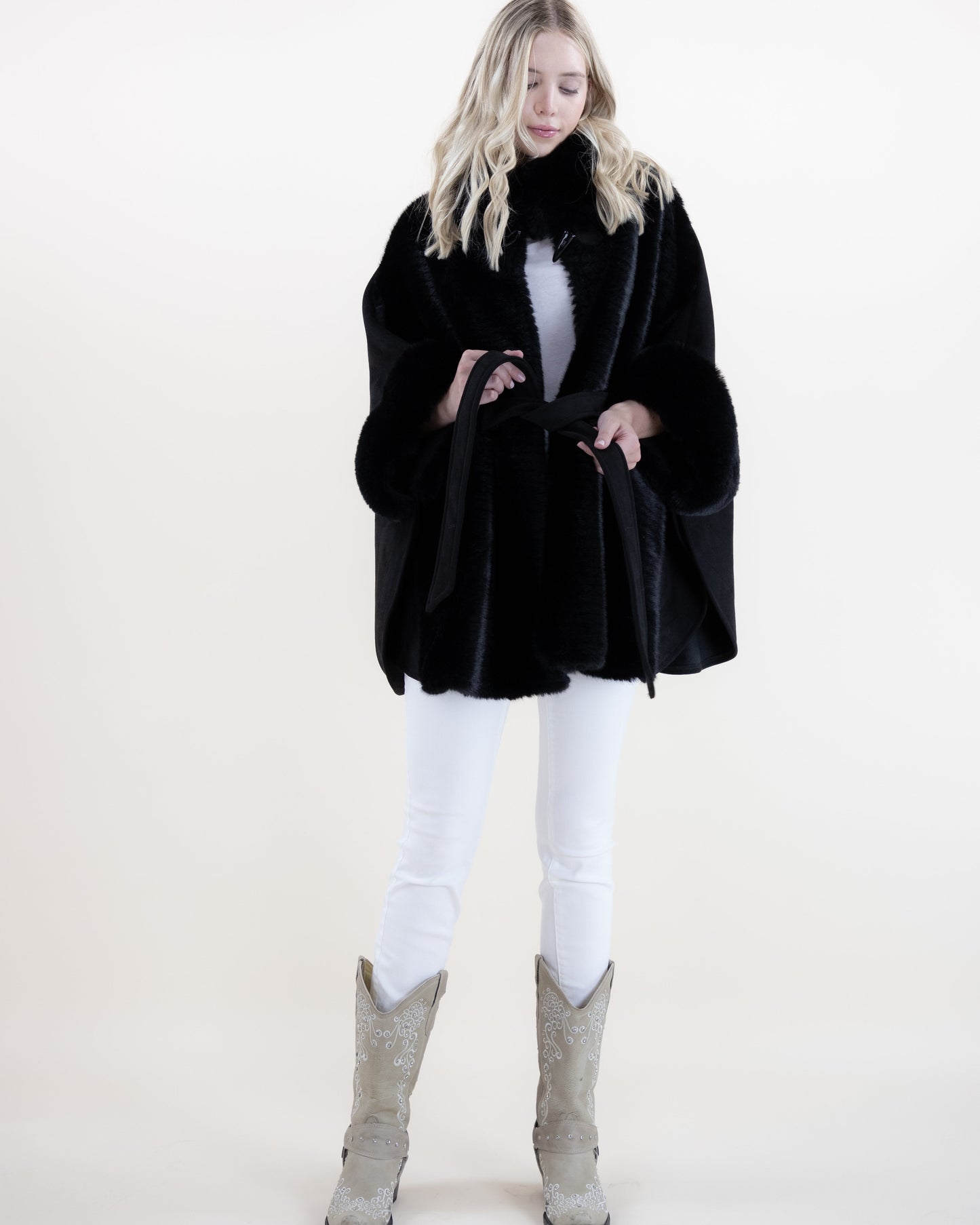 Suede Belted Cape w/ Ribbed Fur & Neck Toggle