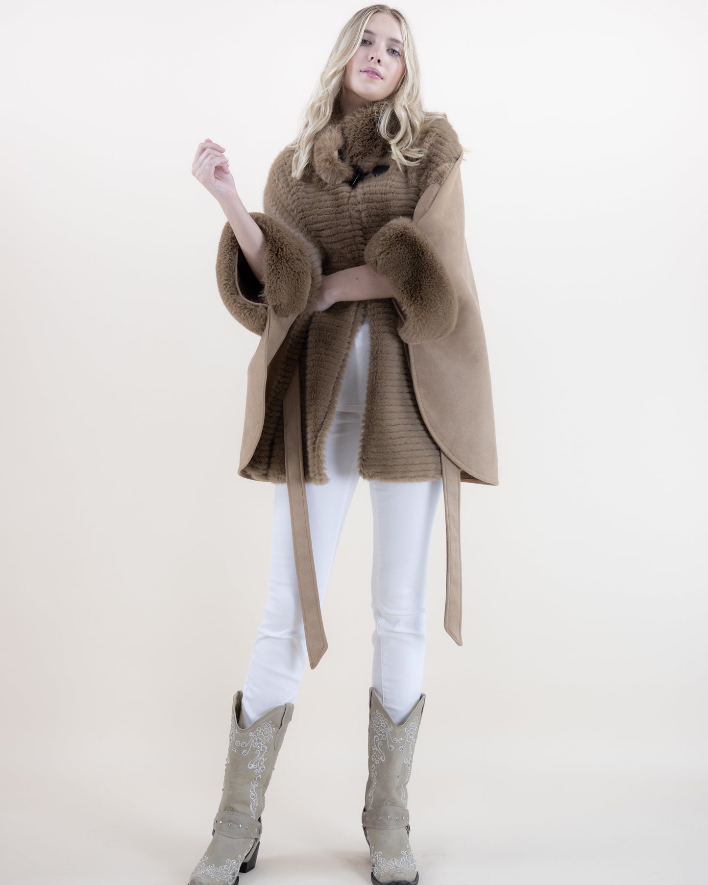 Suede Belted Cape w/ Ribbed Fur & Neck Toggle
