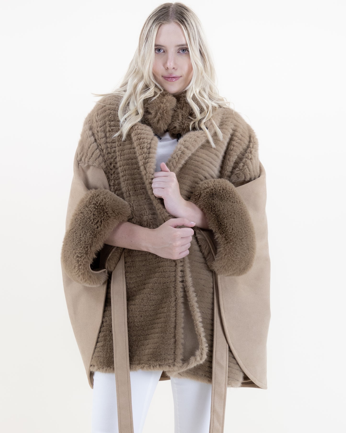 Suede Belted Cape w/ Ribbed Fur & Neck Toggle